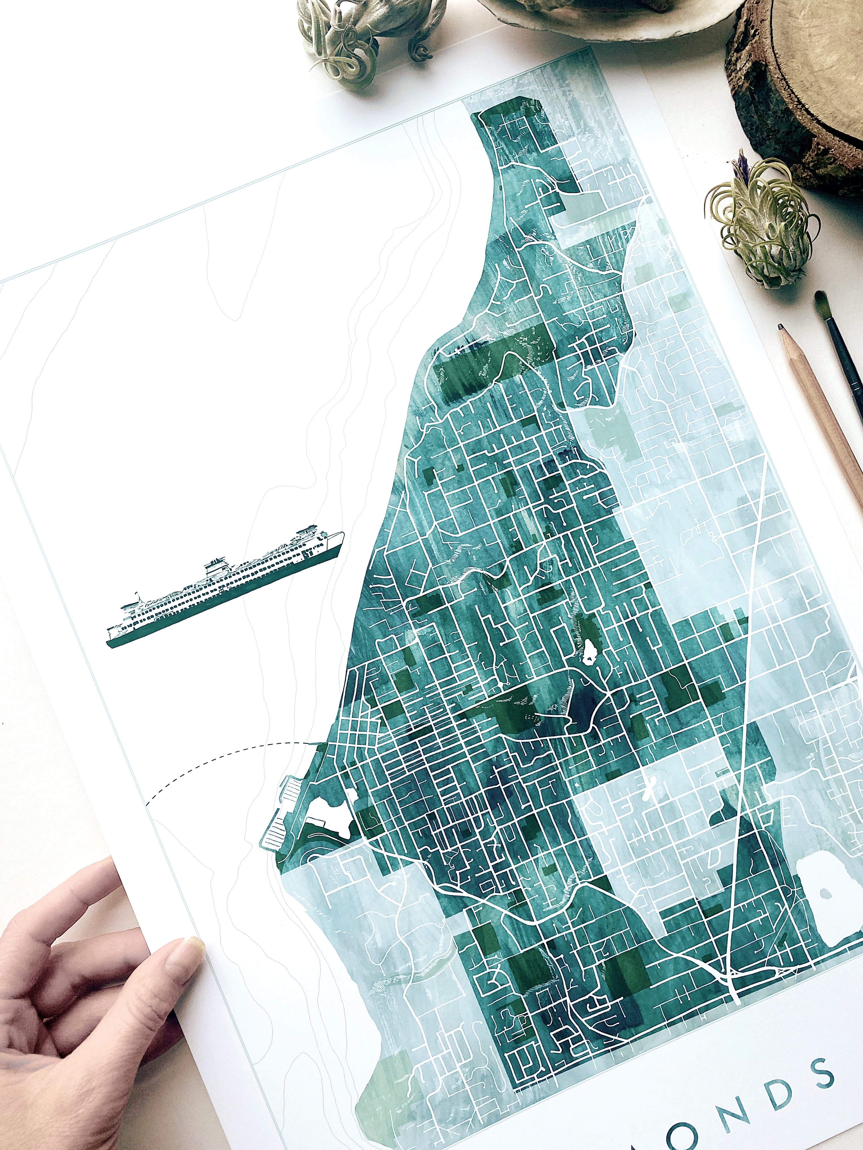 EDMONDS Washington Watercolor Wash Map: PRINT