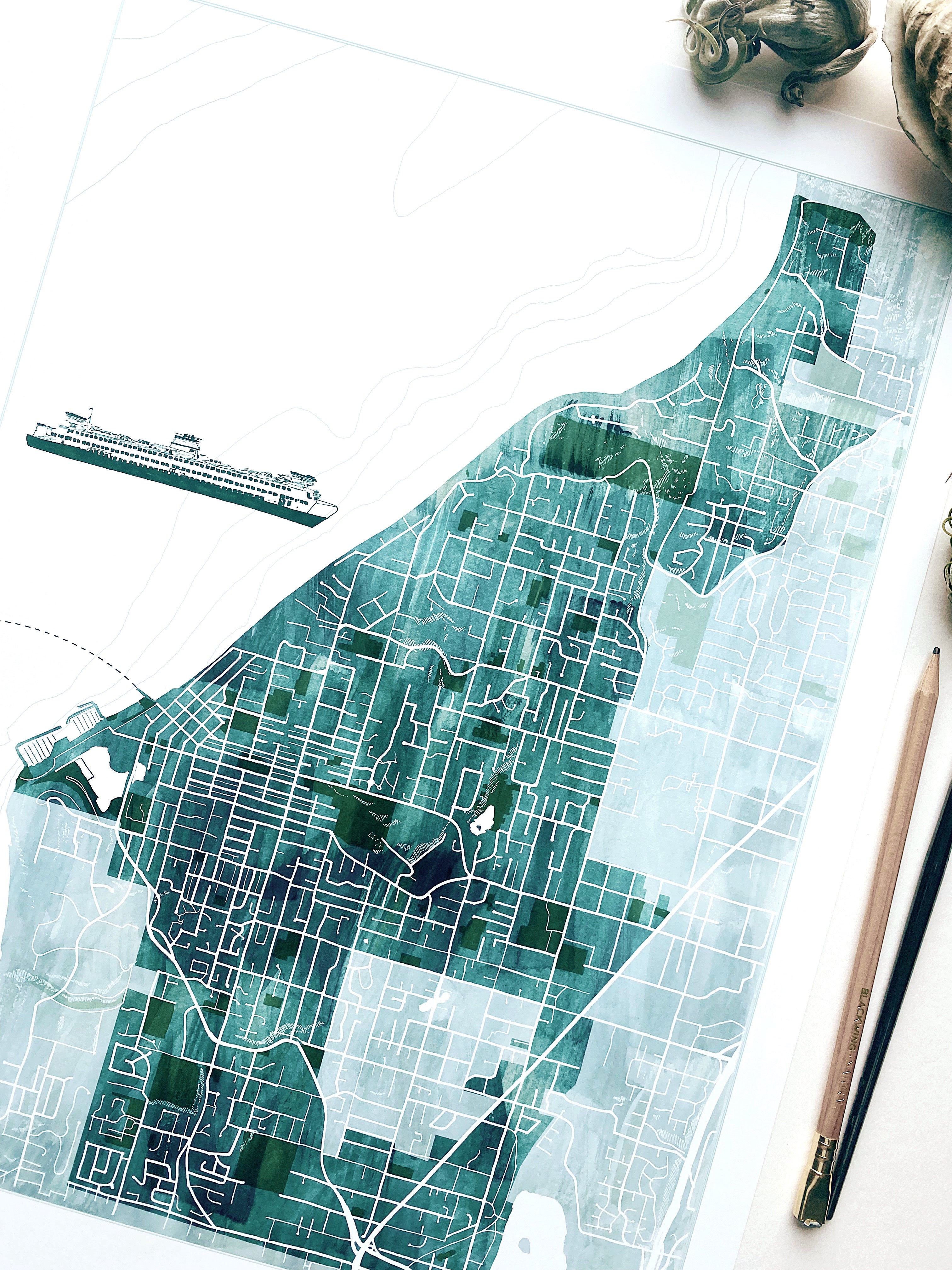 EDMONDS Washington Watercolor Wash Map: PRINT