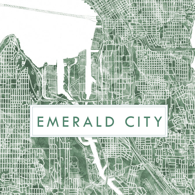 "Emerald City" SEATTLE Washington Watercolor Map - greeting card