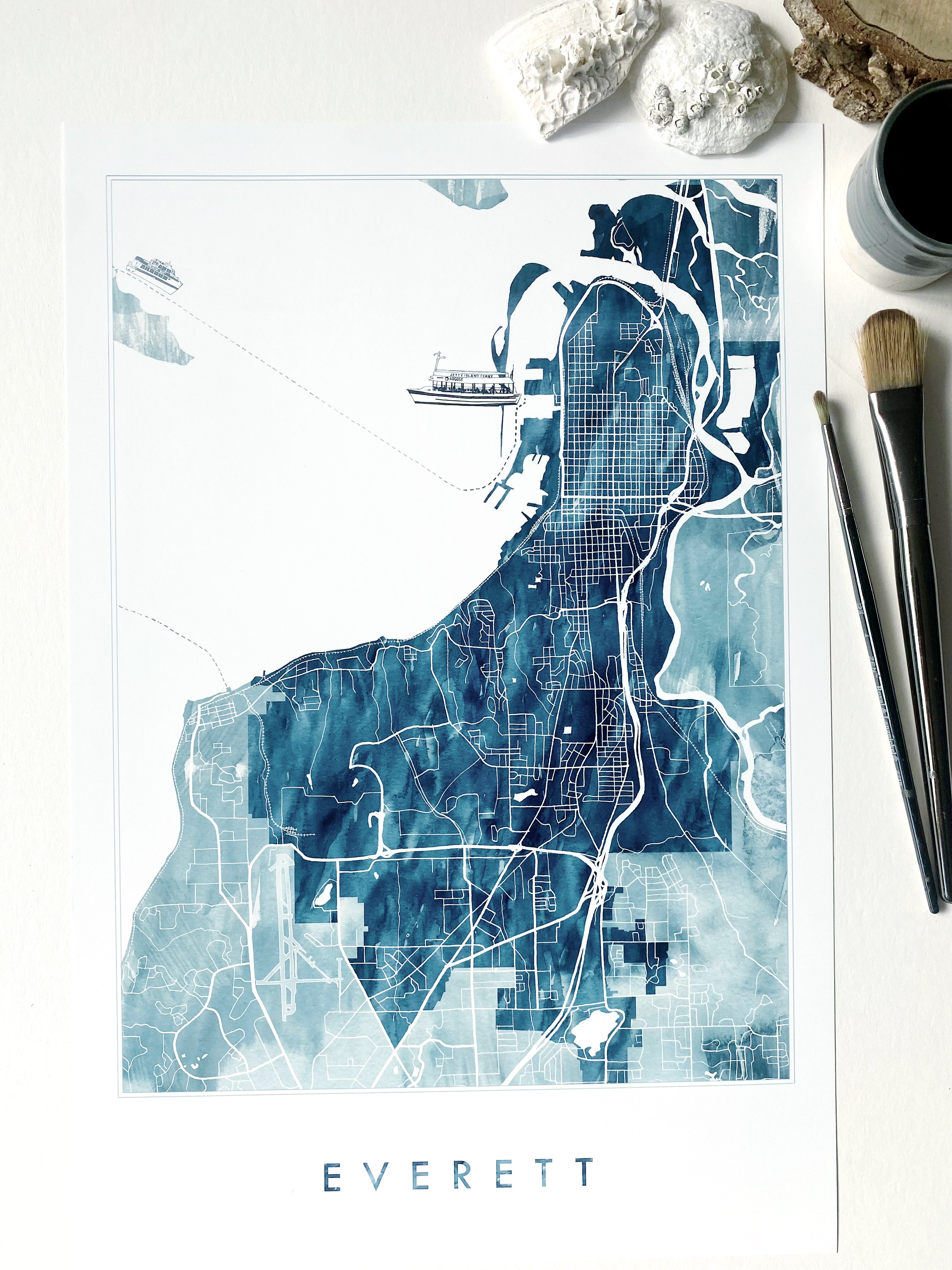 EVERETT Washington Watercolor Wash Map: PRINT