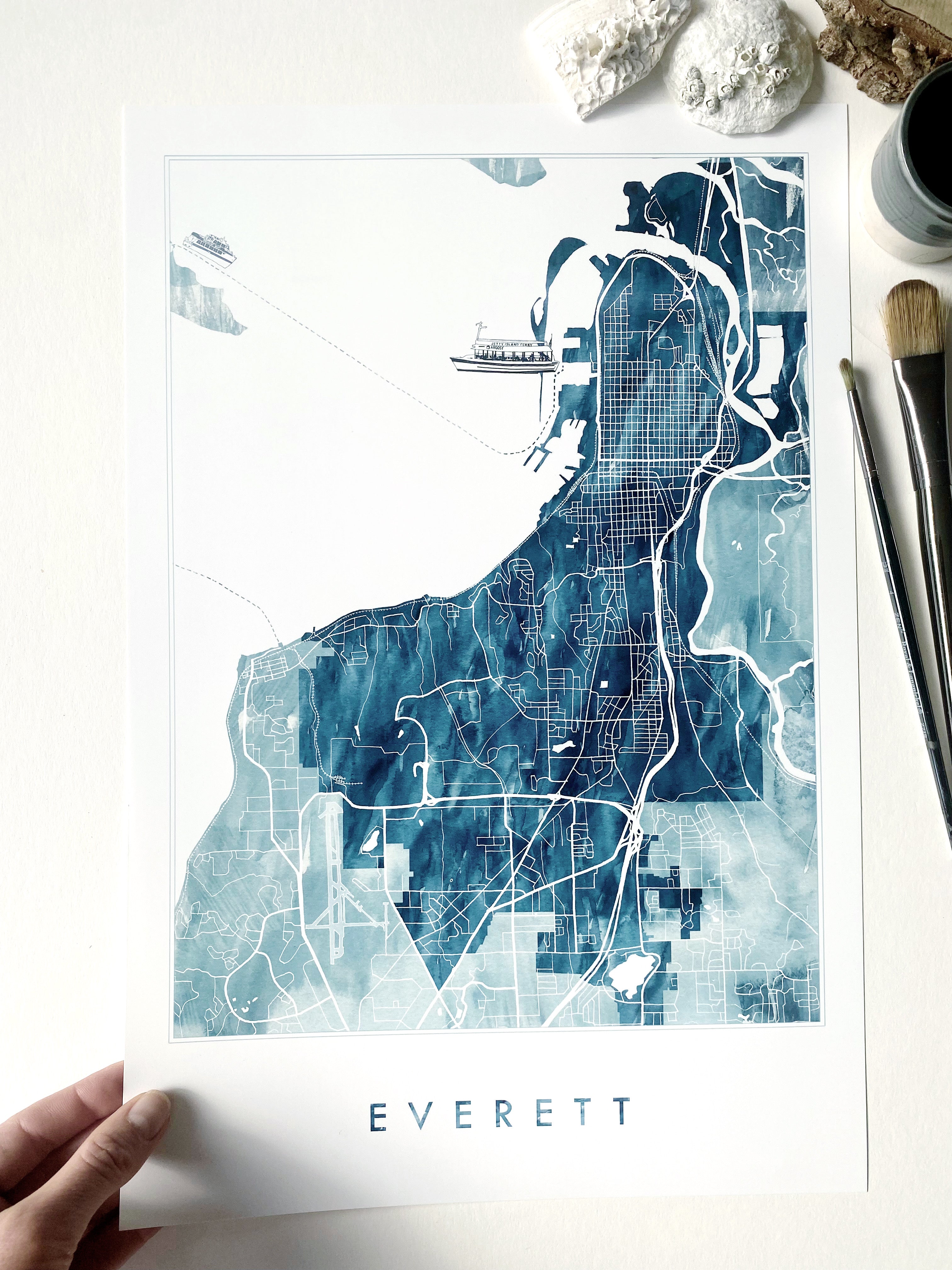EVERETT Washington Watercolor Wash Map: PRINT