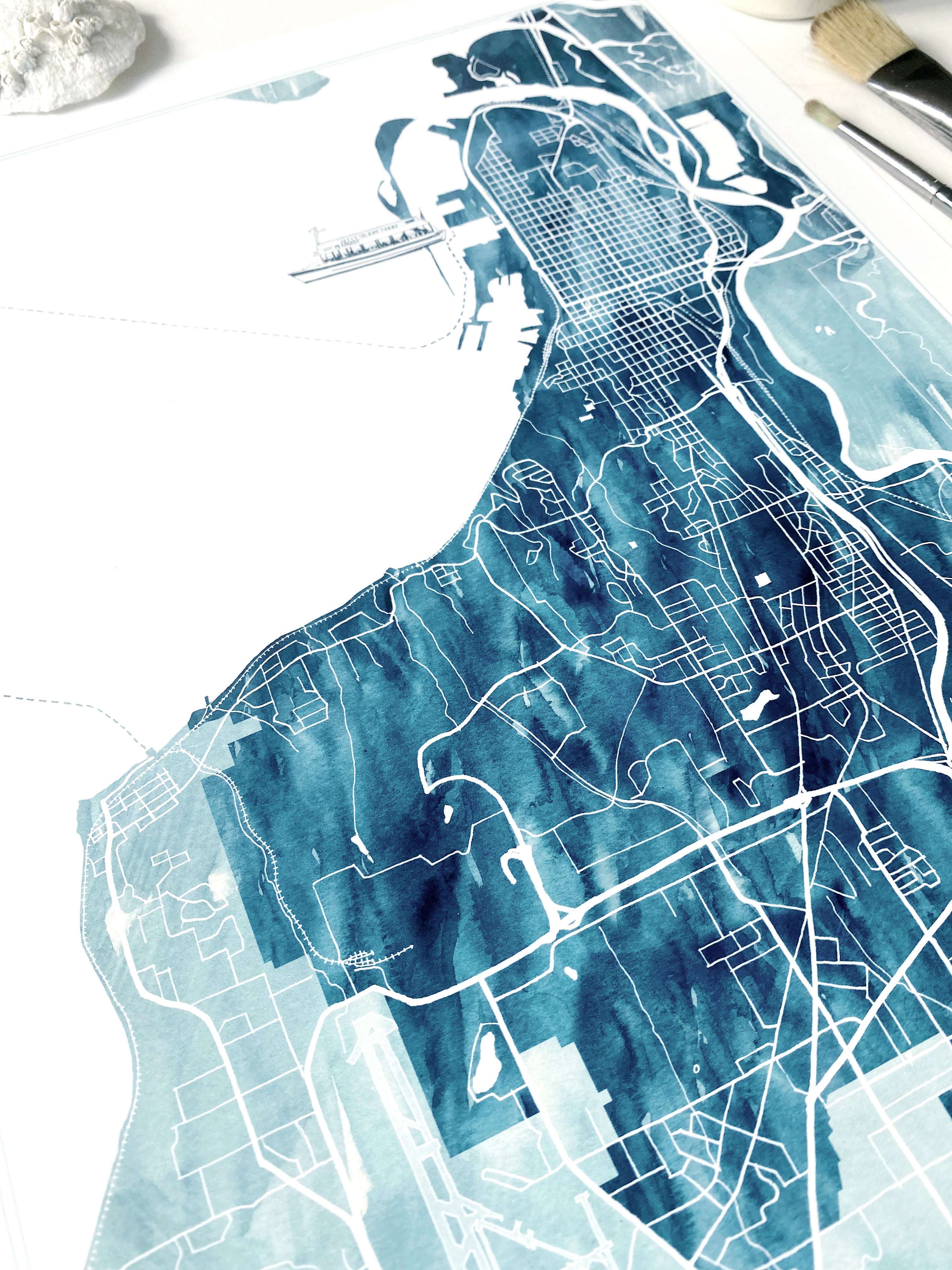 Washed Map EVERETT Washington Watercolor Wash Map: PRINT — Turn-of-the-Centuries