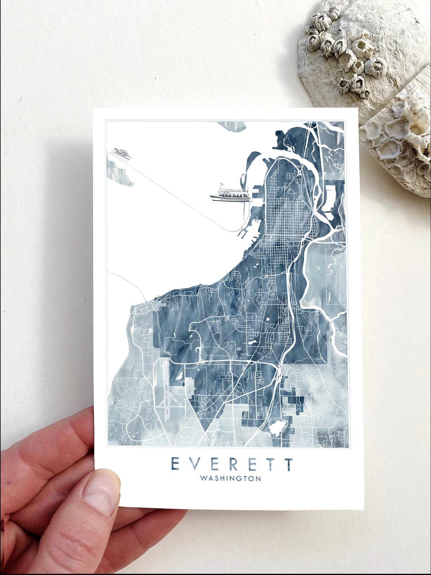 Everett, Washington Watercolor City Map Postcard