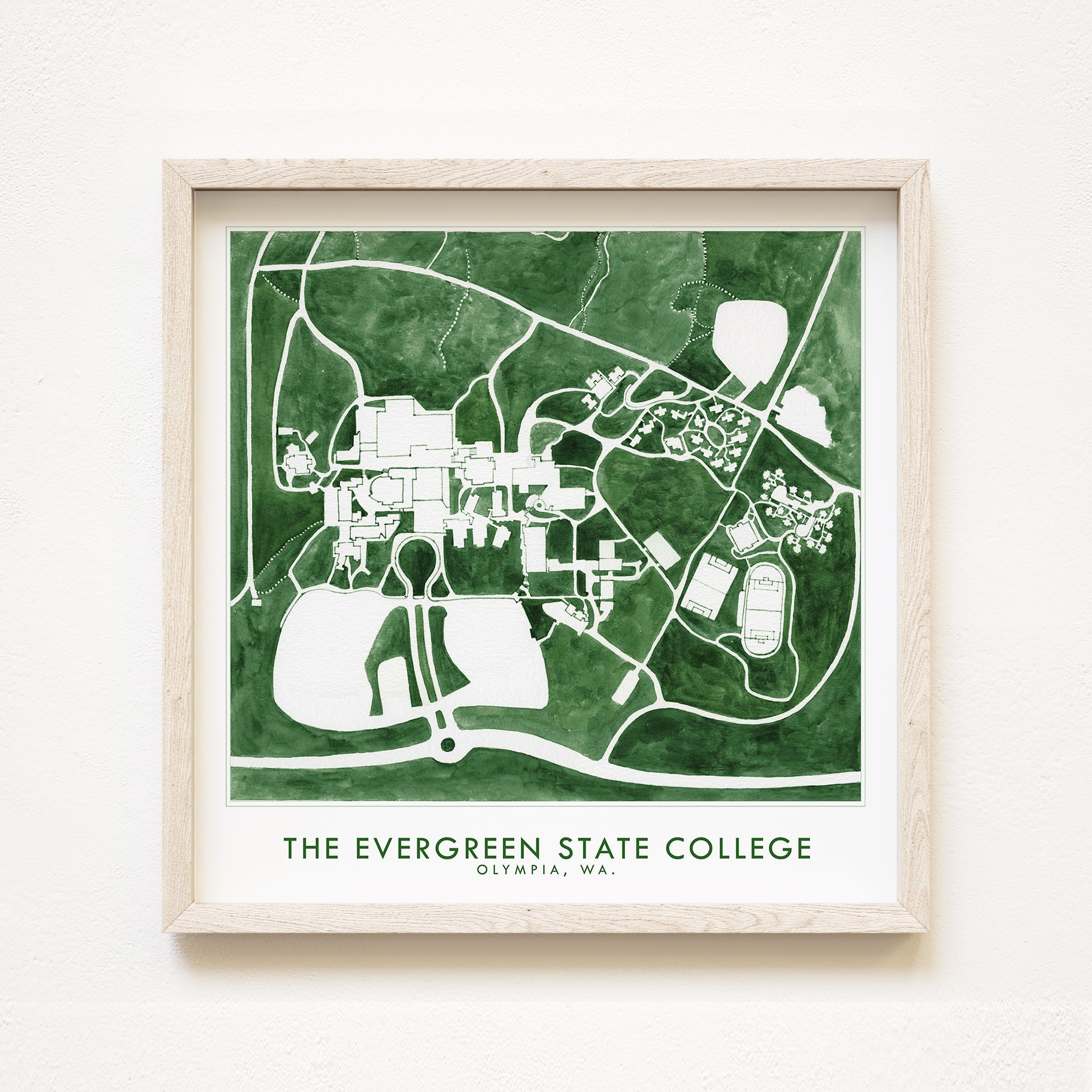 The EVERGREEN STATE COLLEGE Olympia Washington Watercolor Campus Map: PRINT