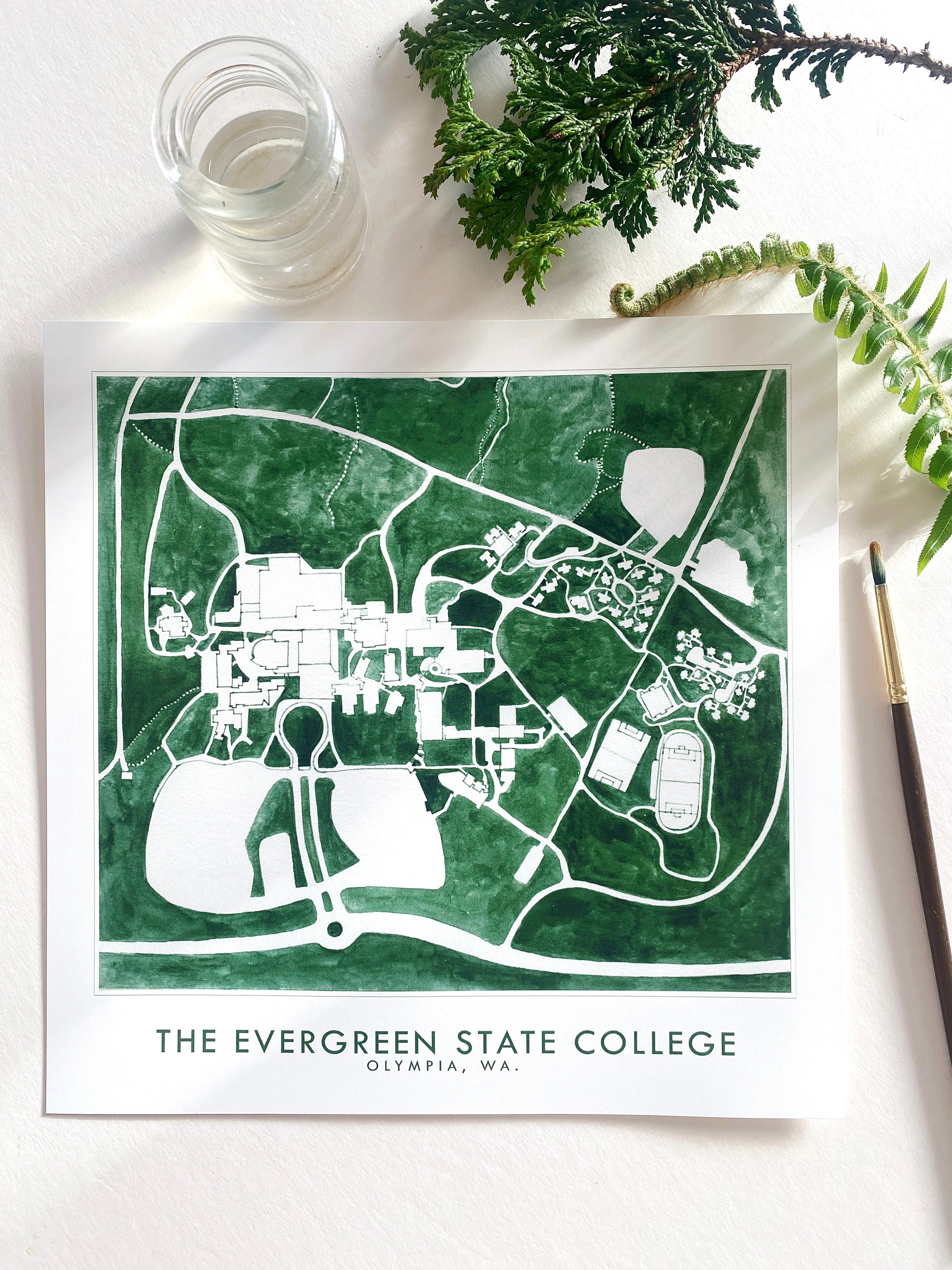 The EVERGREEN STATE COLLEGE Olympia Washington Watercolor Campus Map: PRINT