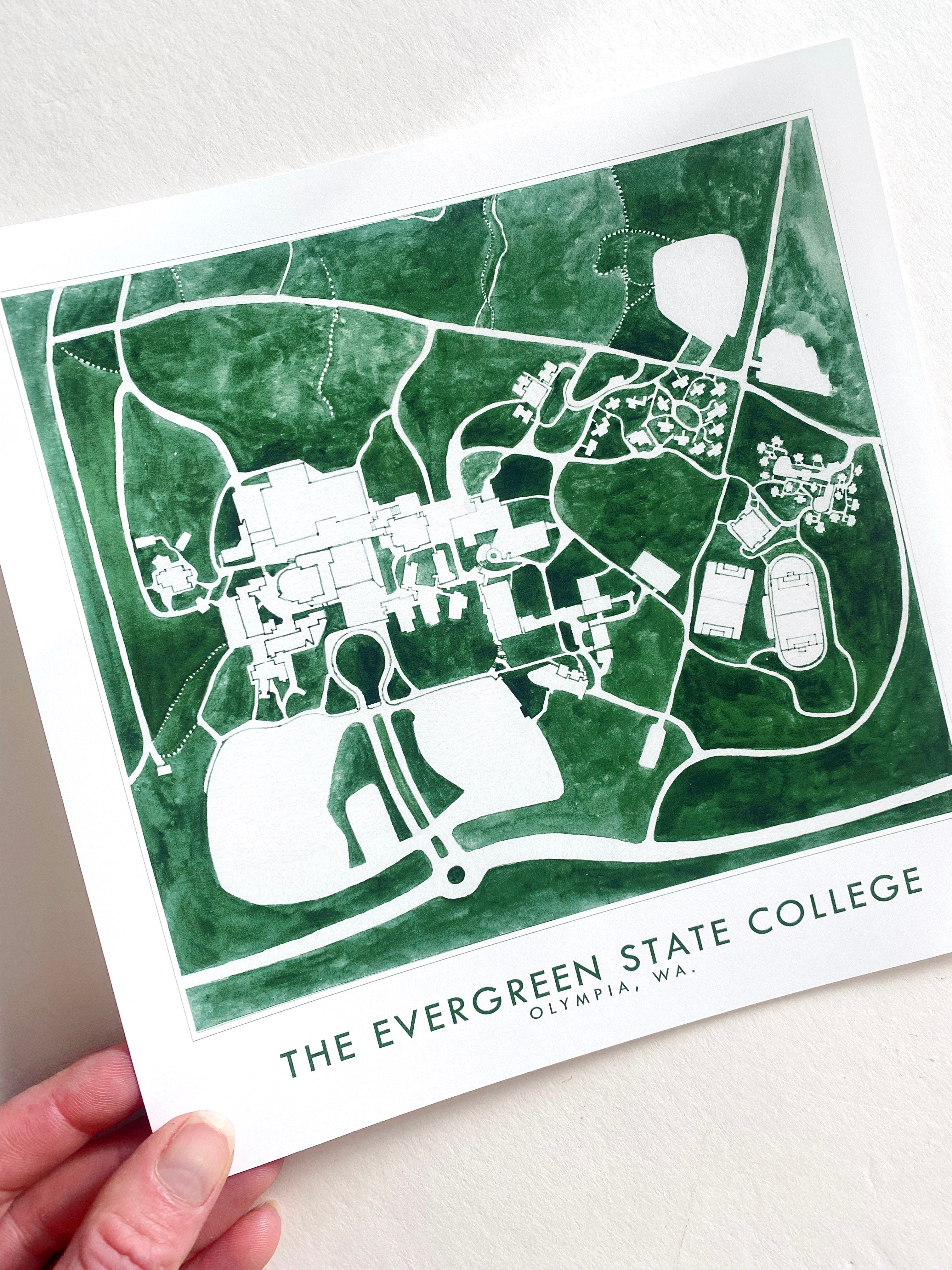 The EVERGREEN STATE COLLEGE Olympia Washington Watercolor Campus Map: PRINT