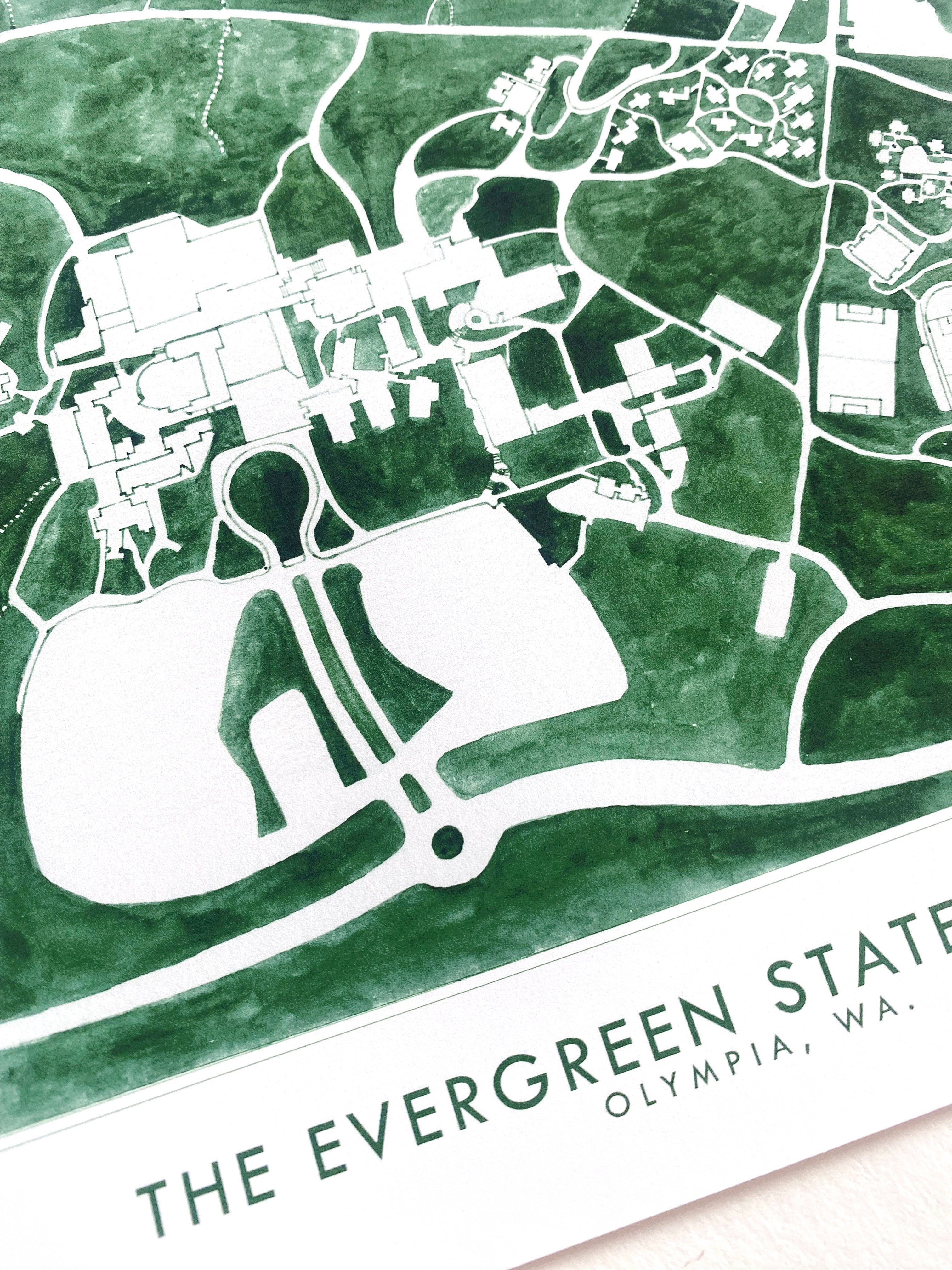 The EVERGREEN STATE COLLEGE Olympia Washington Watercolor Campus Map: PRINT