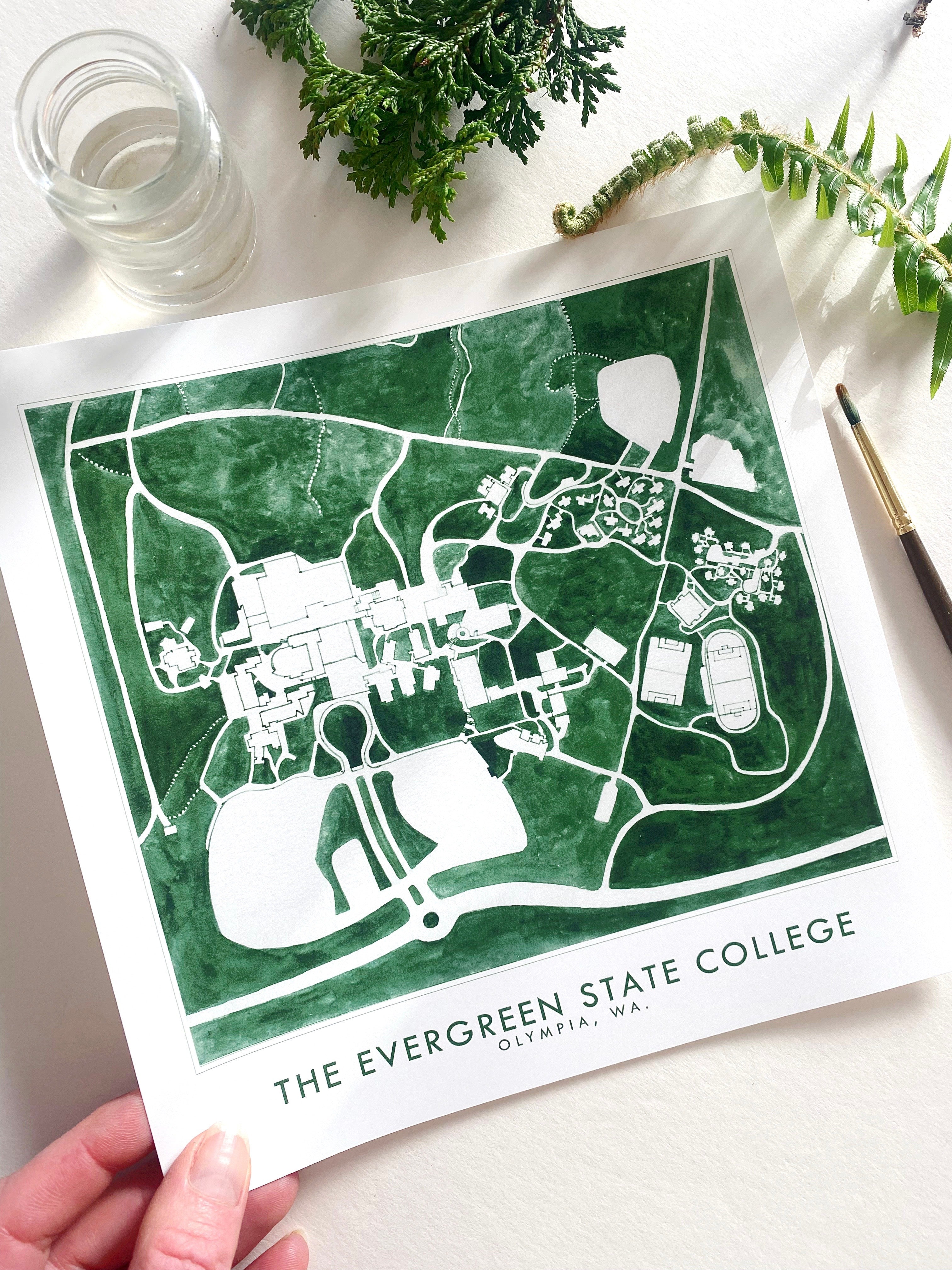 The EVERGREEN STATE COLLEGE Olympia Washington Watercolor Campus Map: PRINT