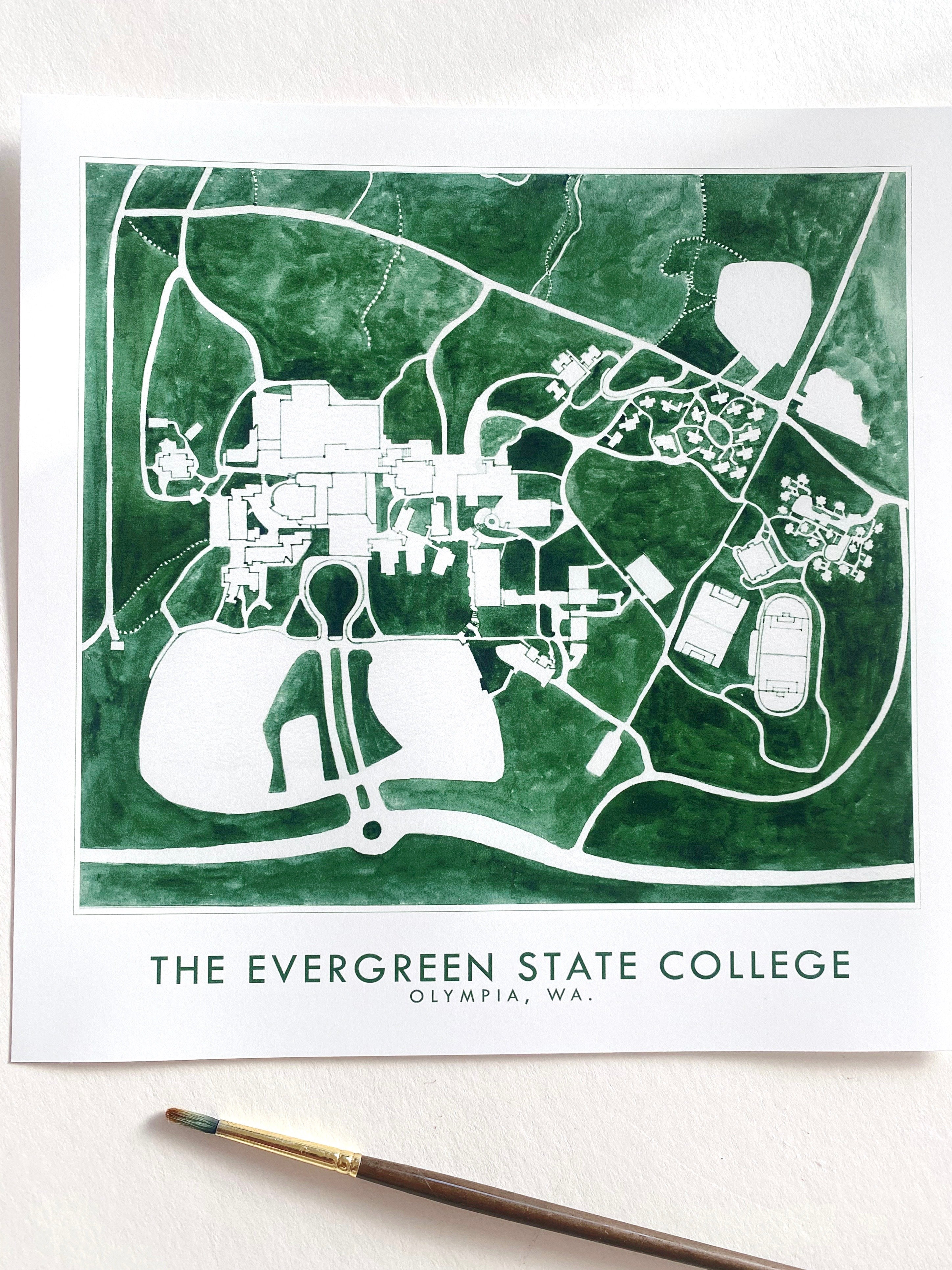 The EVERGREEN STATE COLLEGE Olympia Washington Watercolor Campus Map: PRINT