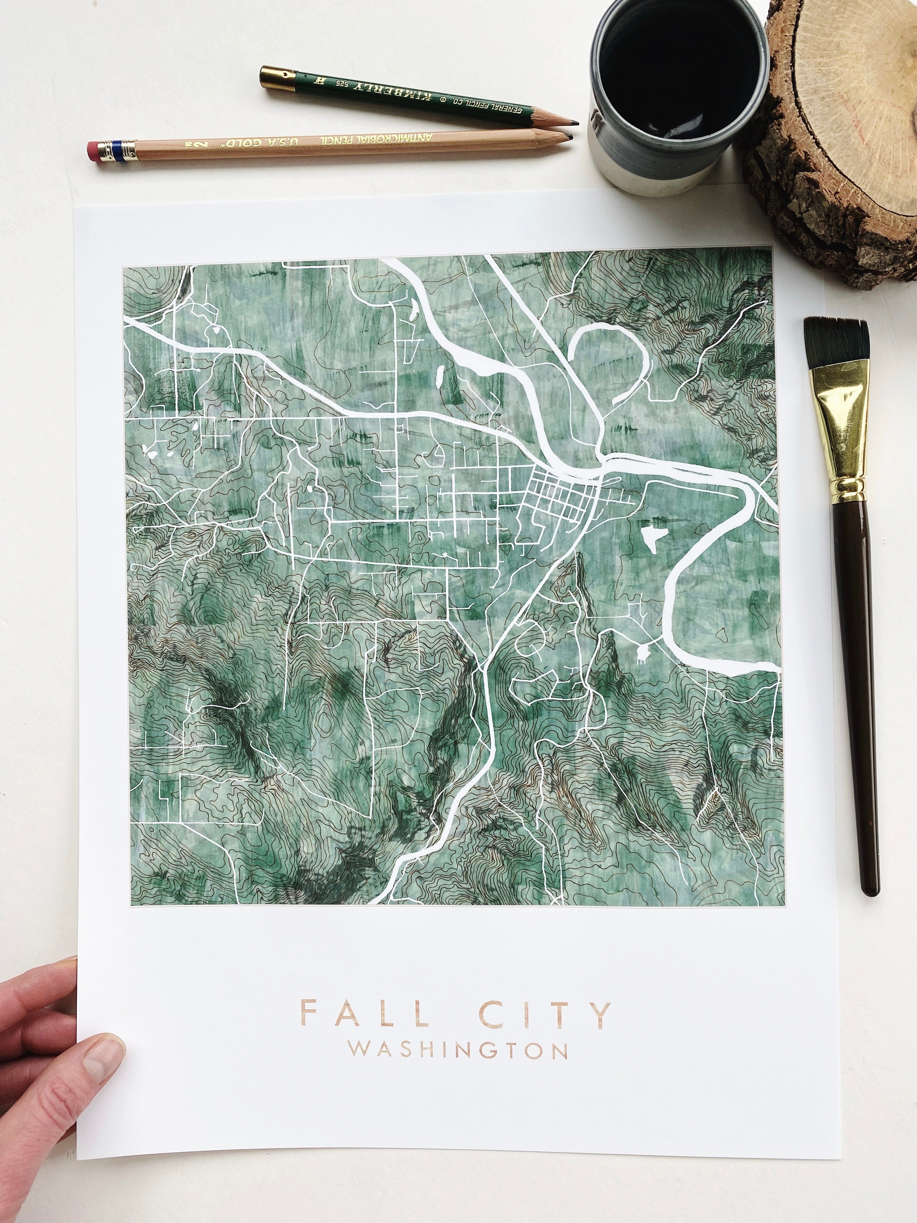 FALL CITY Washington Watercolor Wash Topo Map: PRINT