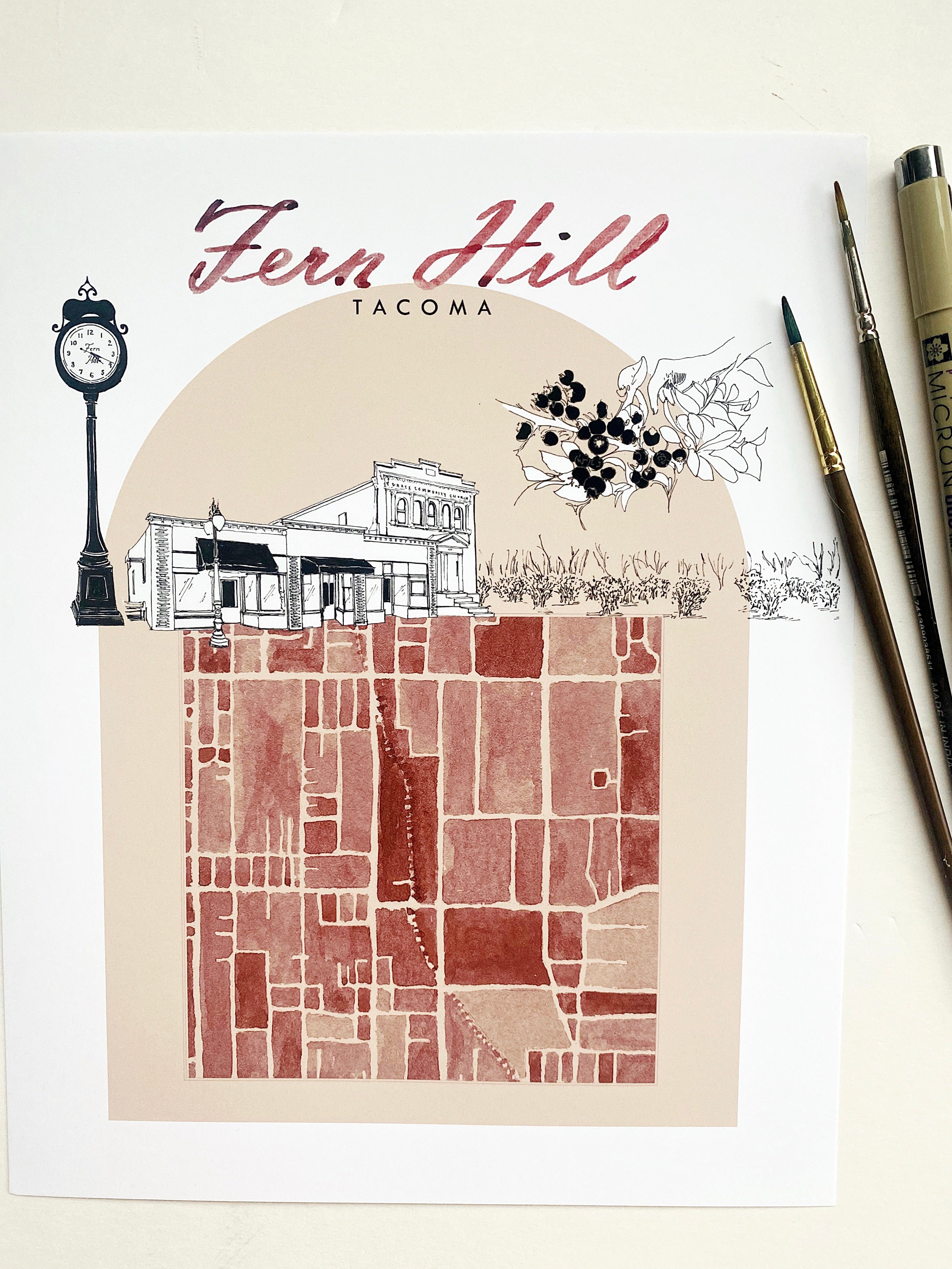 new FERN HILL TACOMA Neighborhood "Charms" Watercolor Map: PRINT