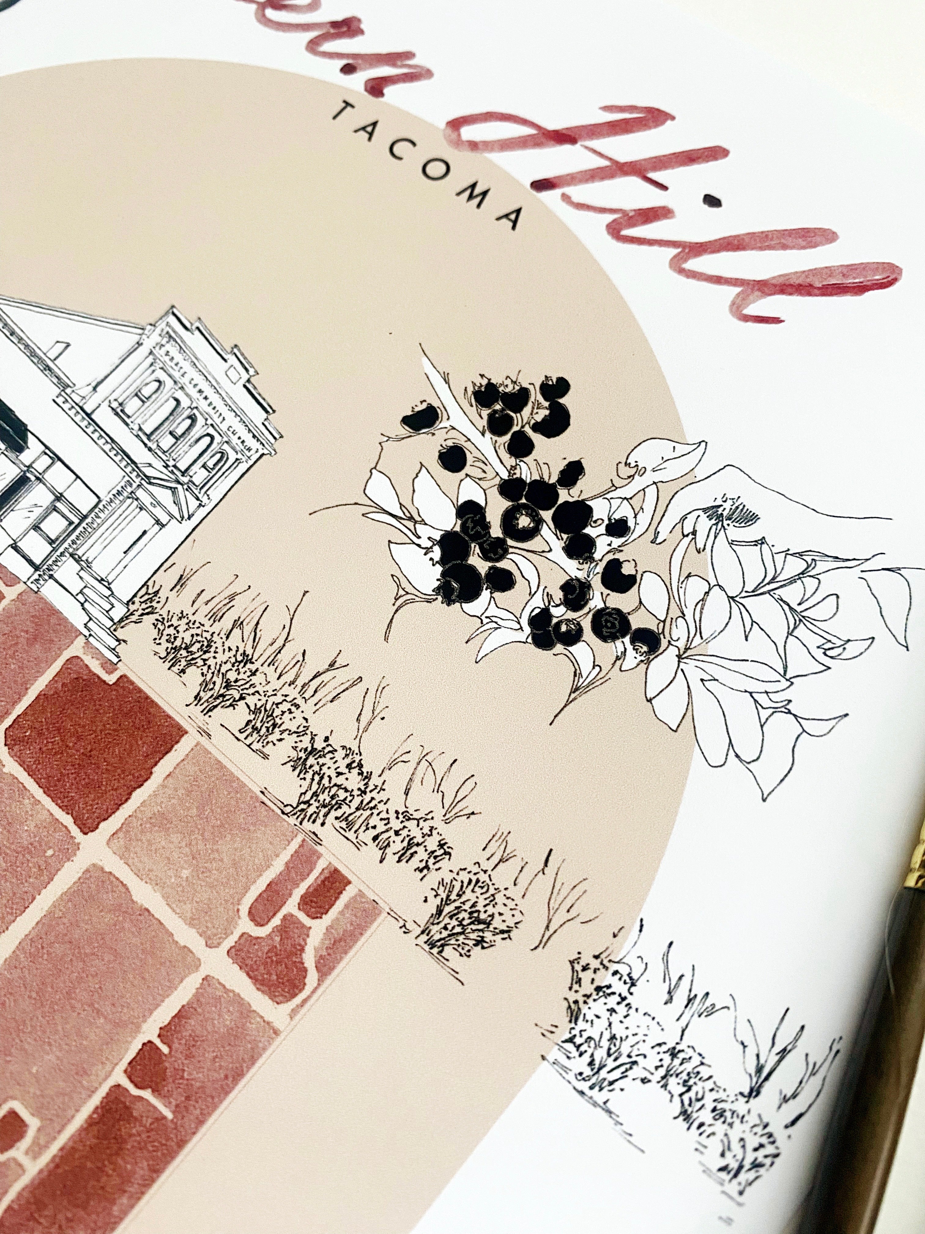 new FERN HILL TACOMA Neighborhood "Charms" Watercolor Map: PRINT