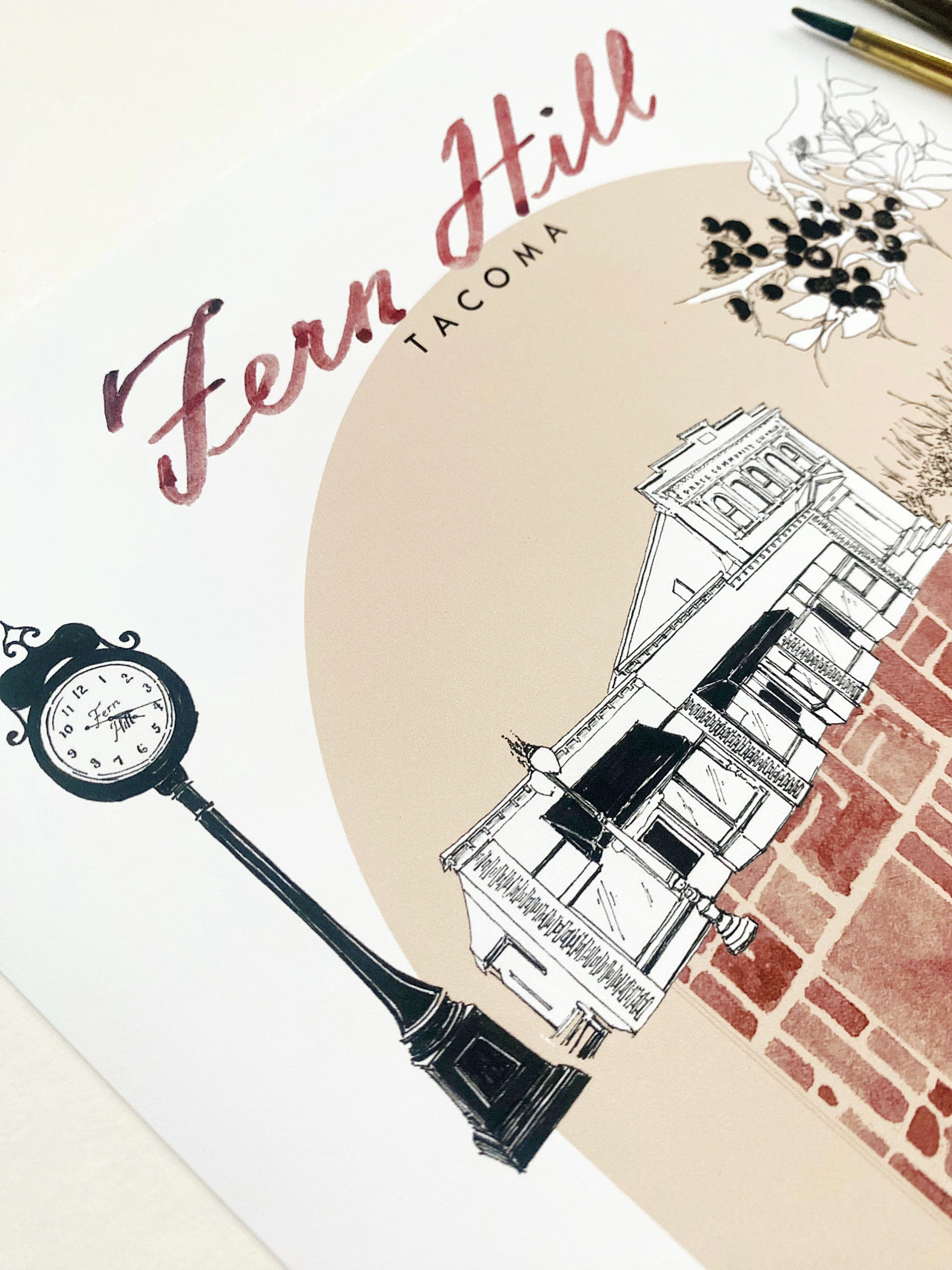 new FERN HILL TACOMA Neighborhood "Charms" Watercolor Map: PRINT