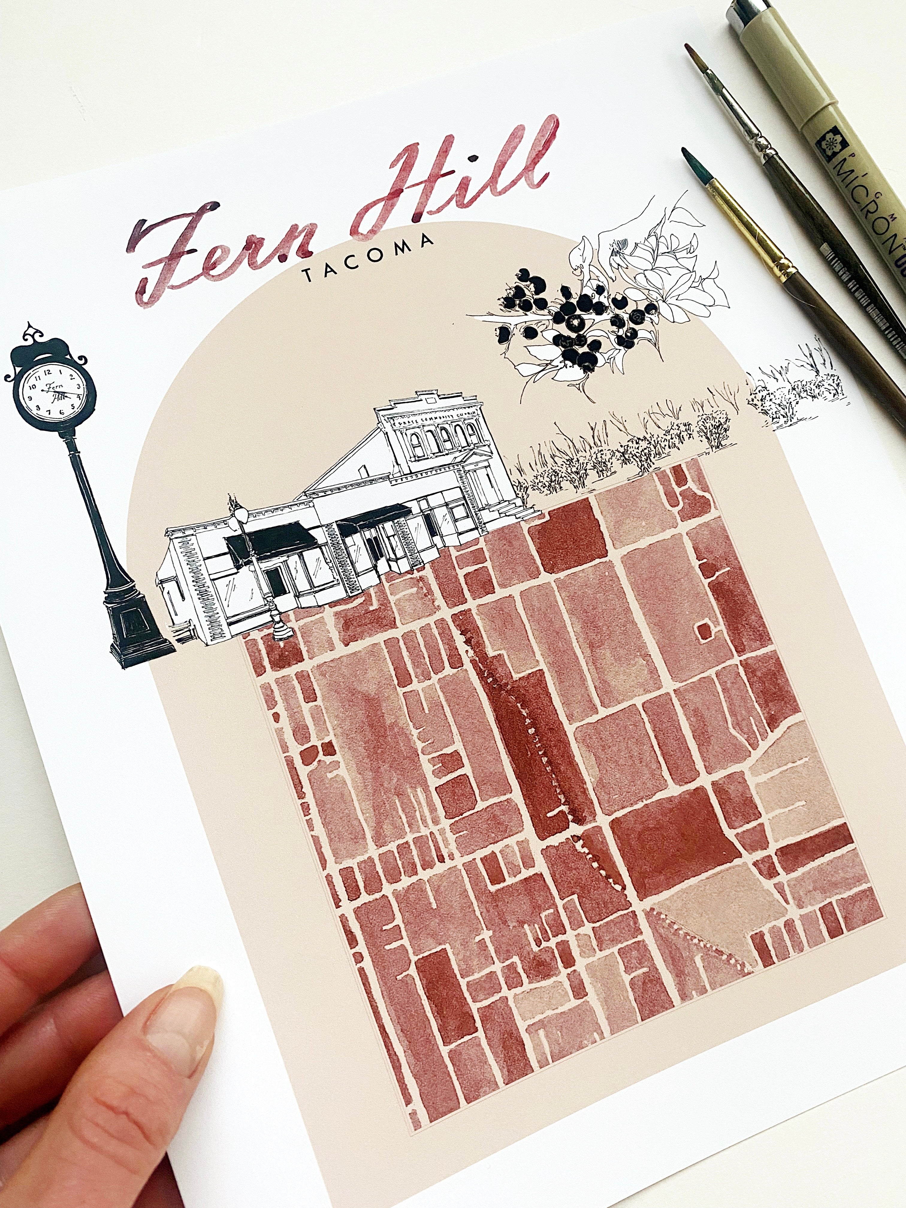 new FERN HILL TACOMA Neighborhood "Charms" Watercolor Map: PRINT