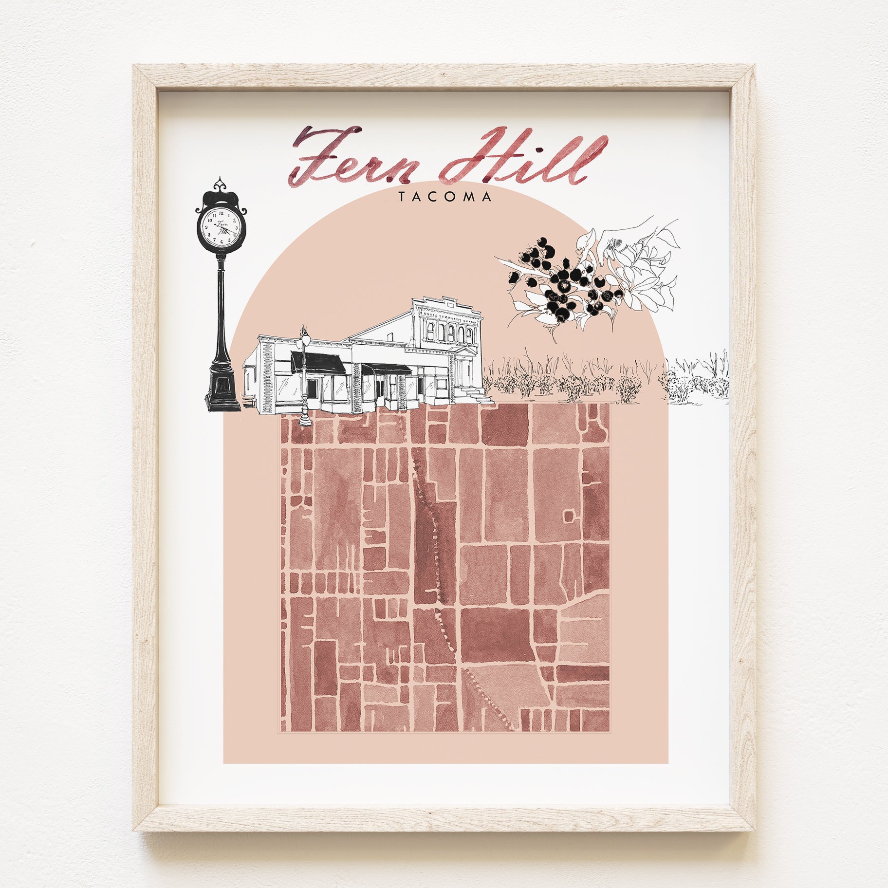 new FERN HILL TACOMA Neighborhood "Charms" Watercolor Map: PRINT