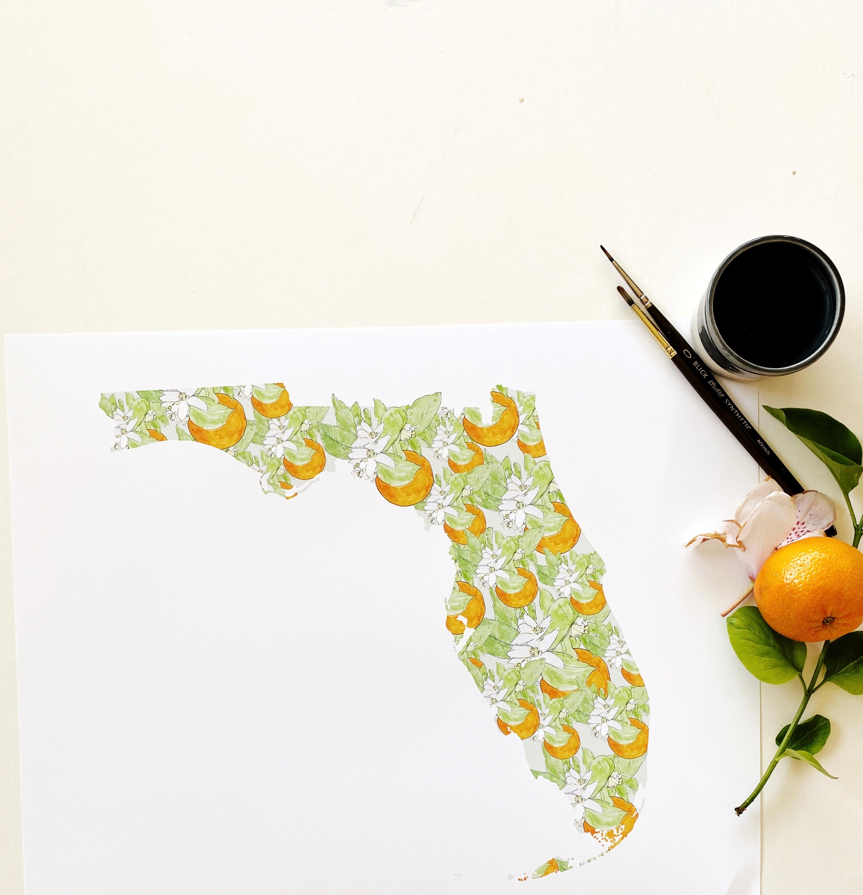 FLORIDA State Flower Map: Orange Blossom: PRINT