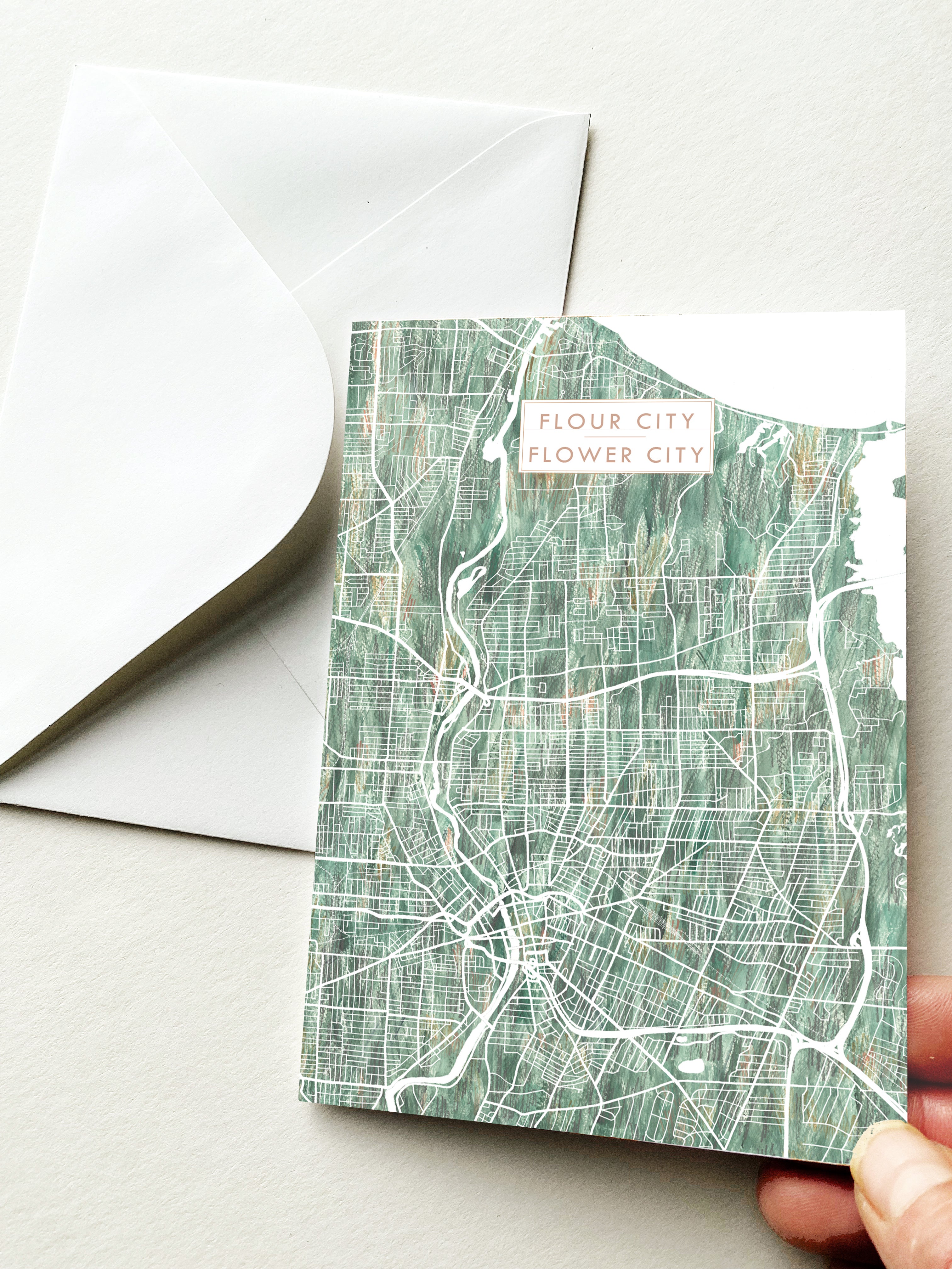 FLOUR CITY FLOWER CITY Rochester New York Watercolor Wash Map - city nickname greeting card