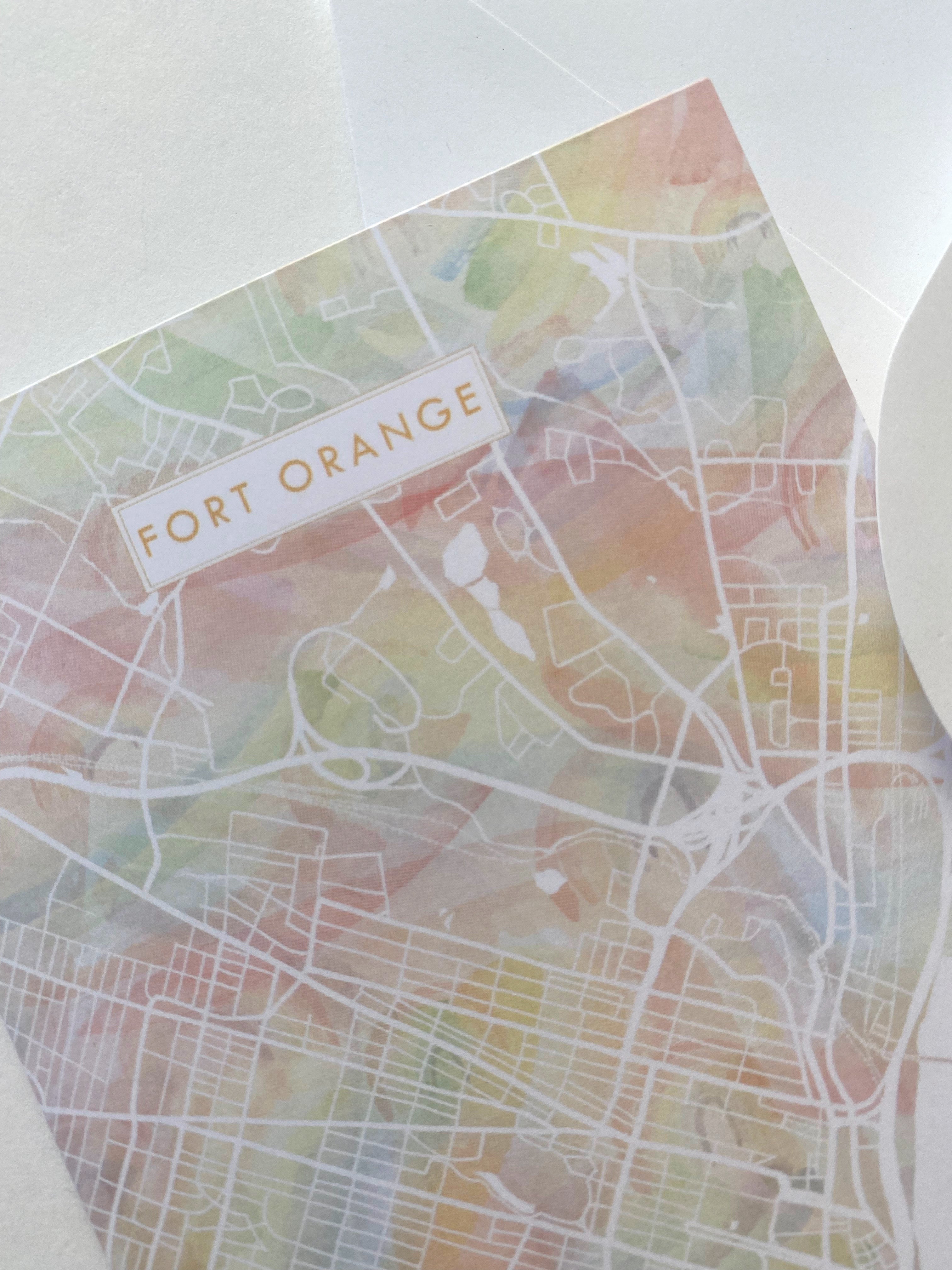 FORT ORANGE Albany New York Watercolor Wash Map - city nickname greeting card