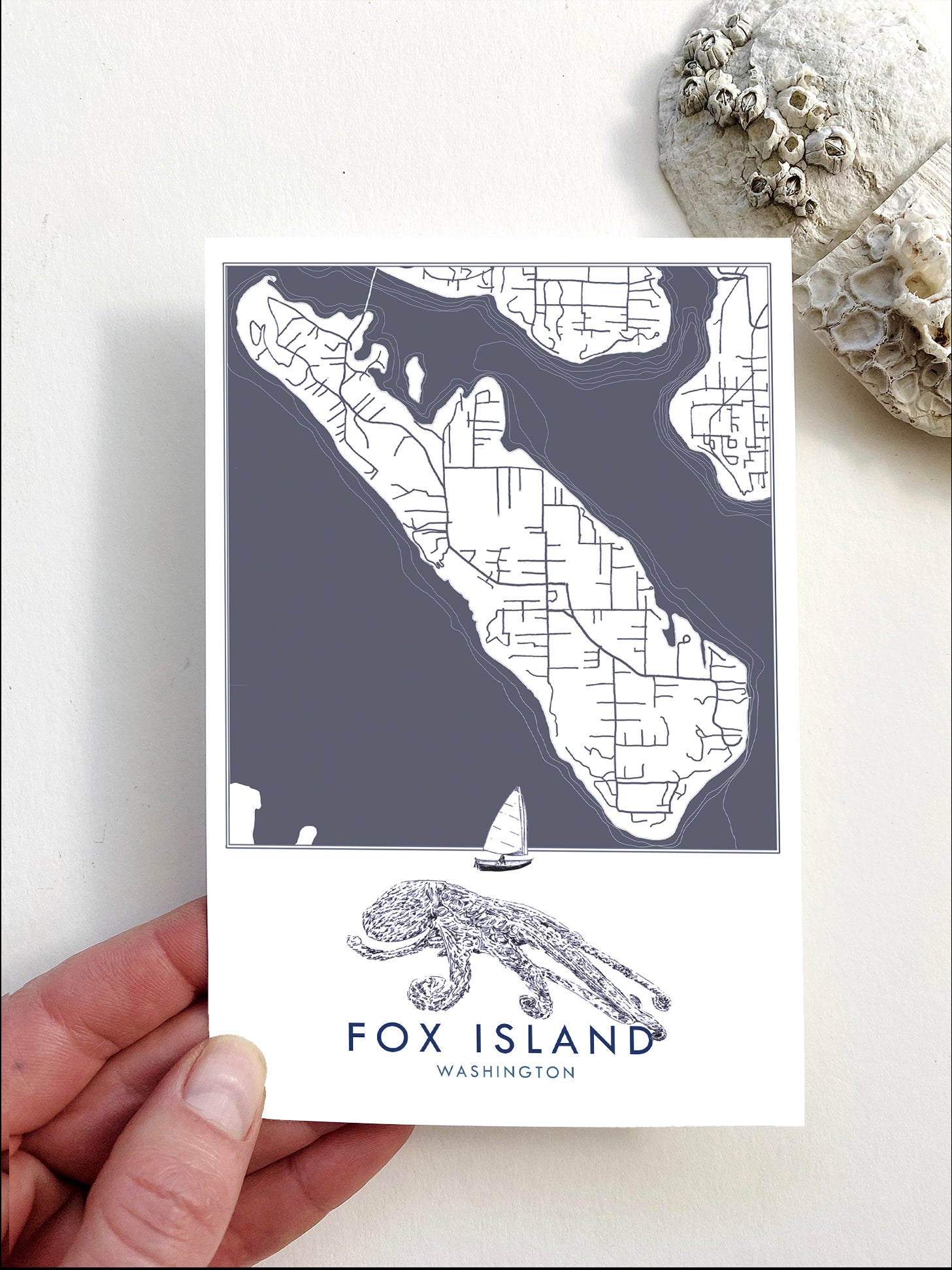 FOX ISLAND Washington "Blueprint" Octopus Map Postcard