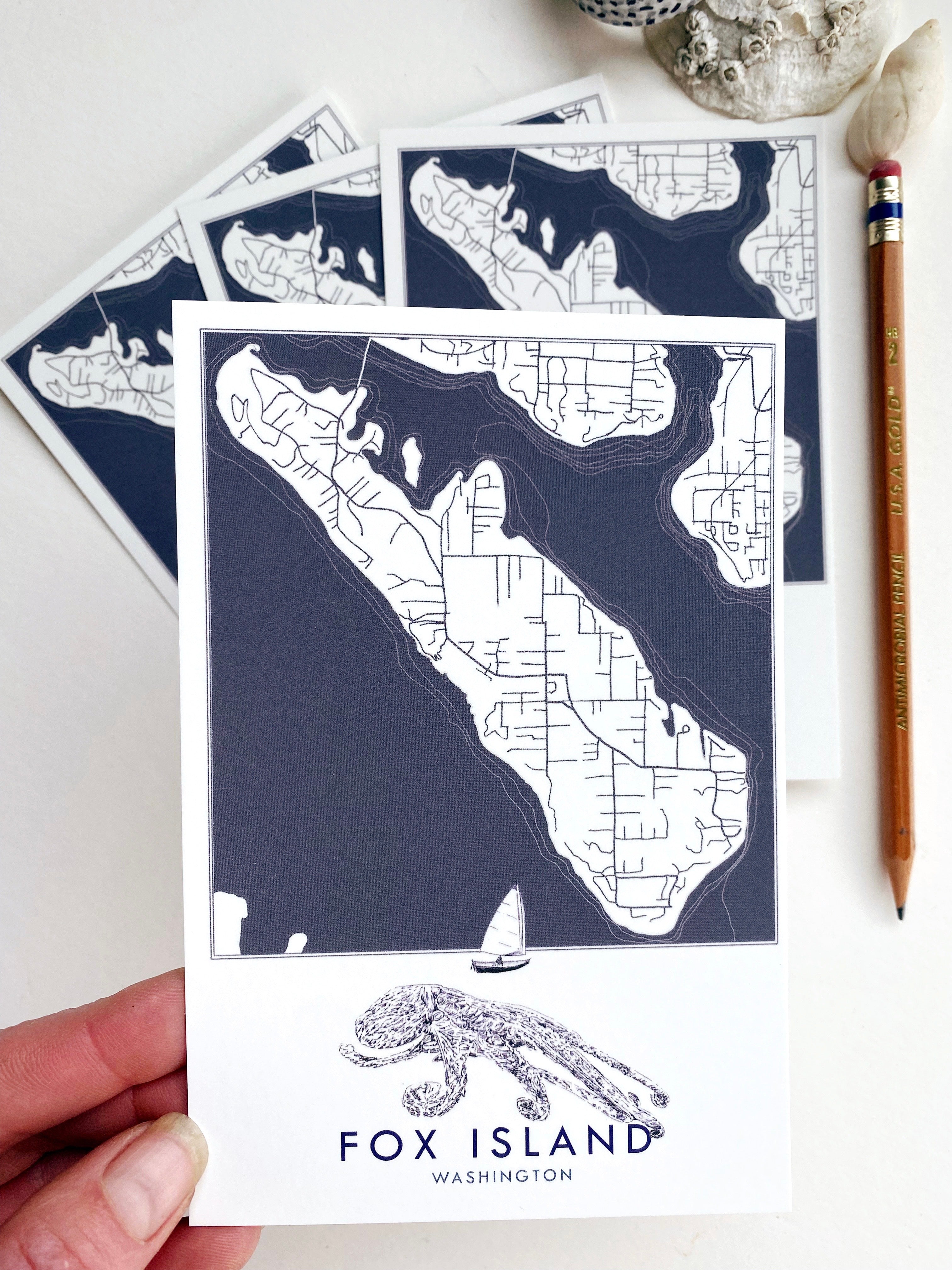 FOX ISLAND Washington "Blueprint" Octopus Map Postcard