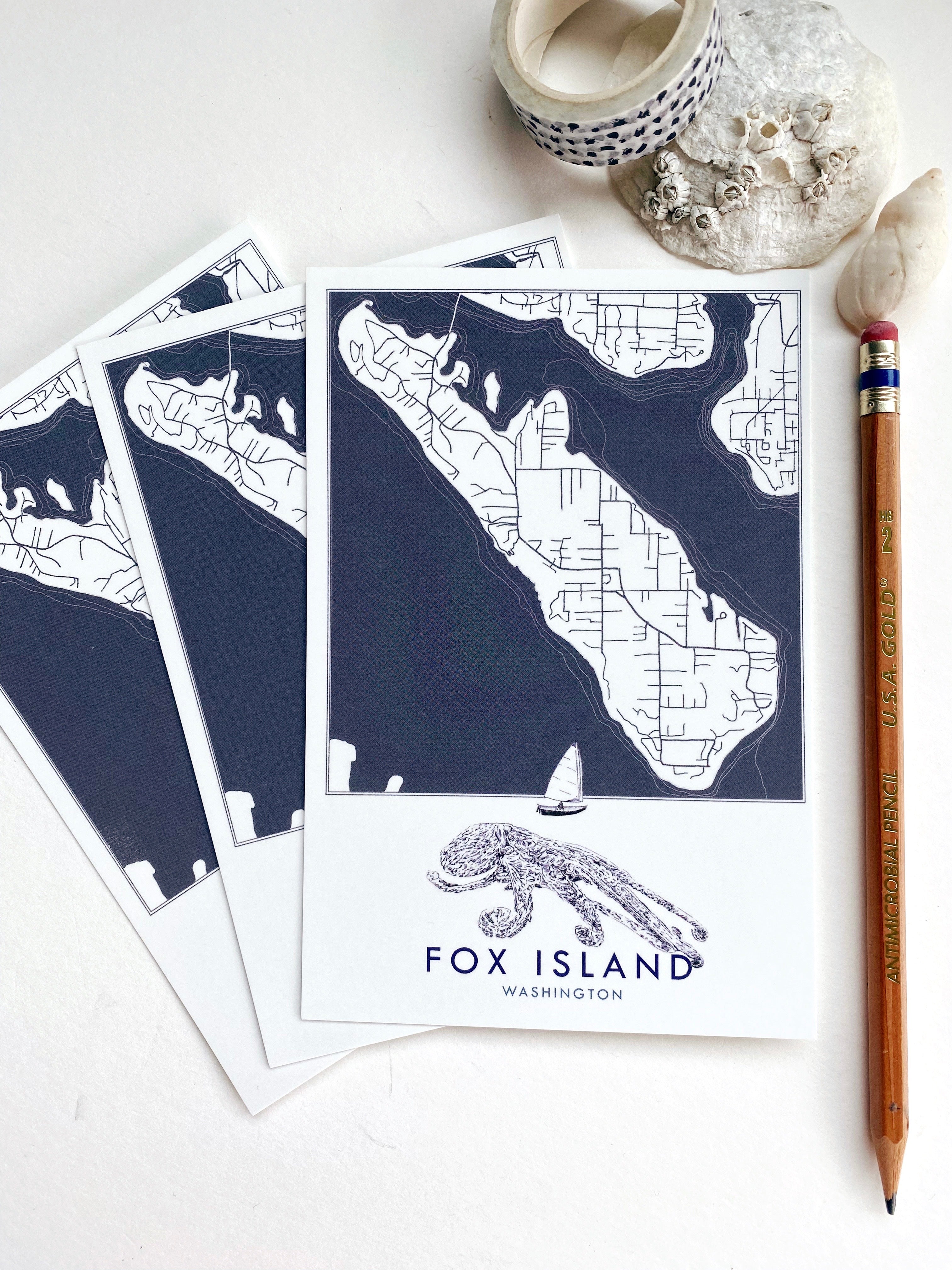 FOX ISLAND Washington "Blueprint" Octopus Map Postcard