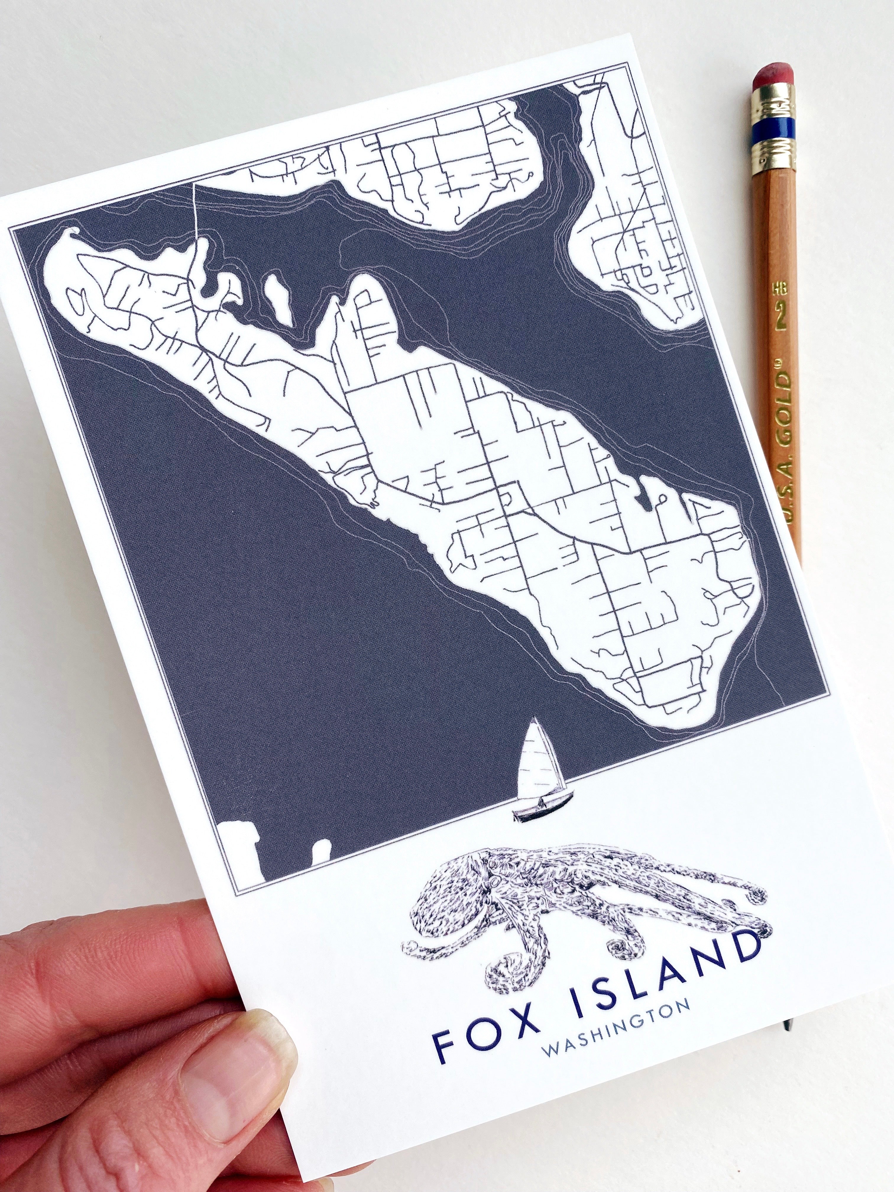 FOX ISLAND Washington "Blueprint" Octopus Map Postcard