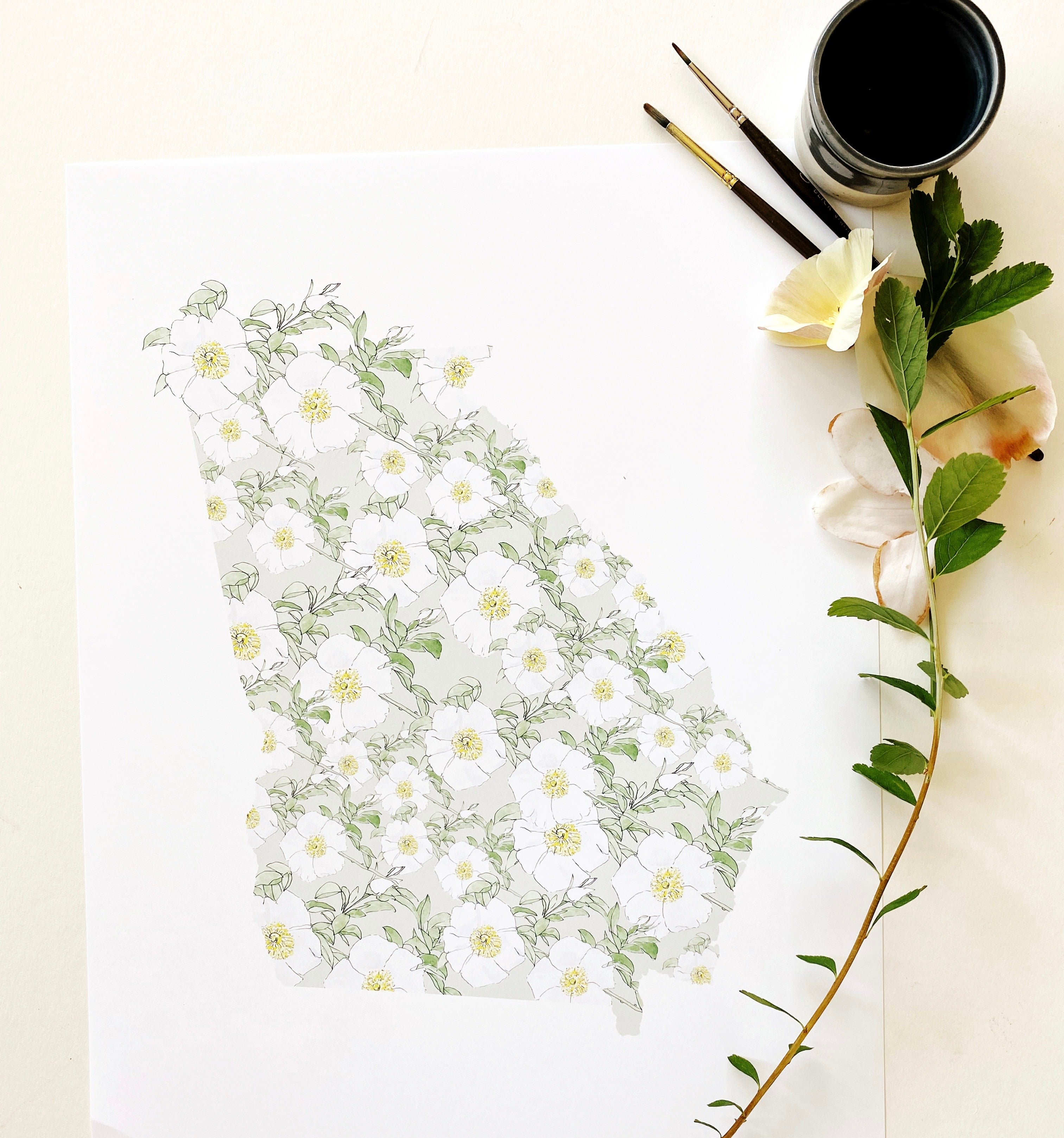 GEORGIA State Flower Map: Cherokee Rose: PRINT