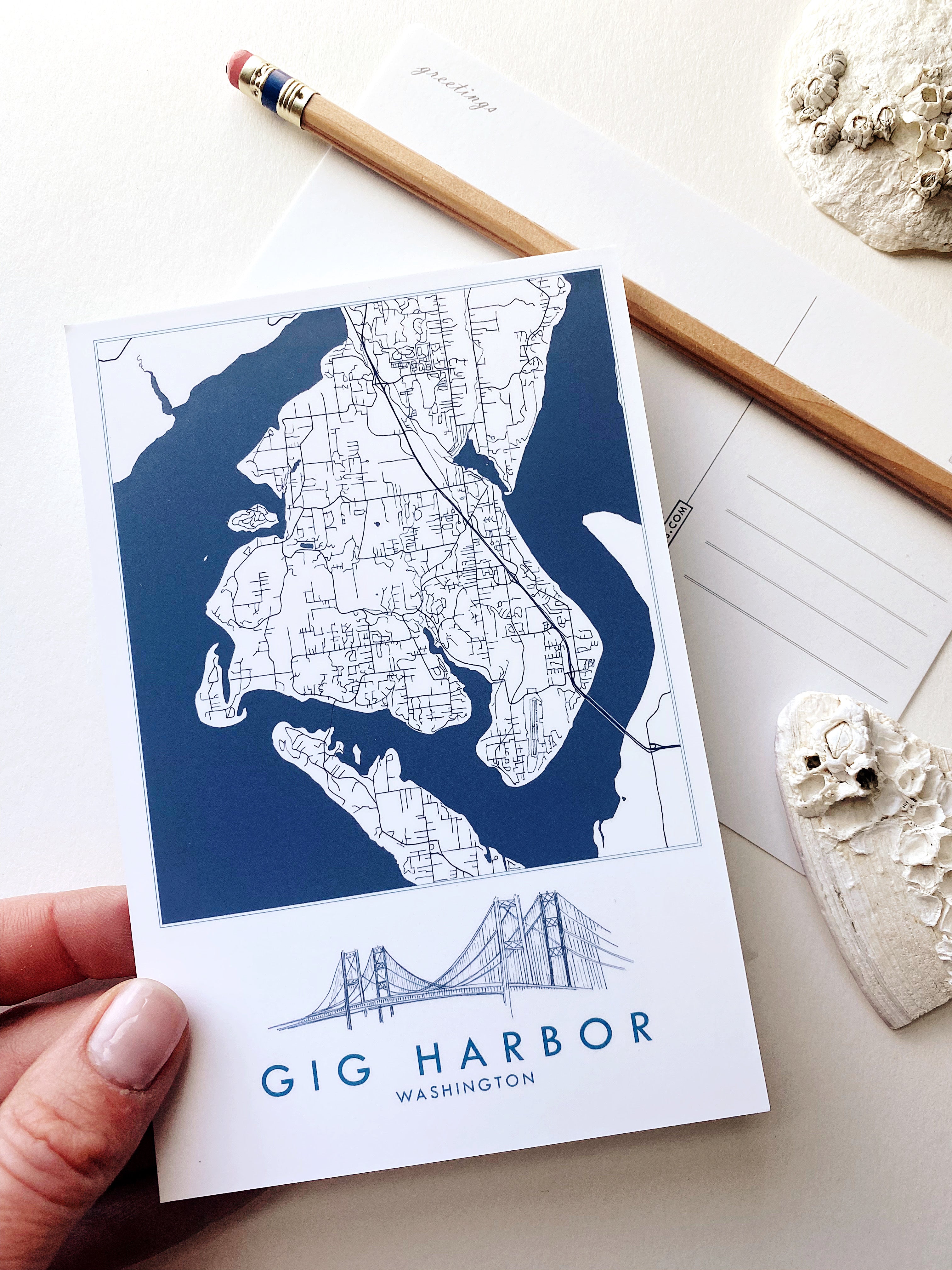 GIG HARBOR Washington Narrows Bridge Map Postcard