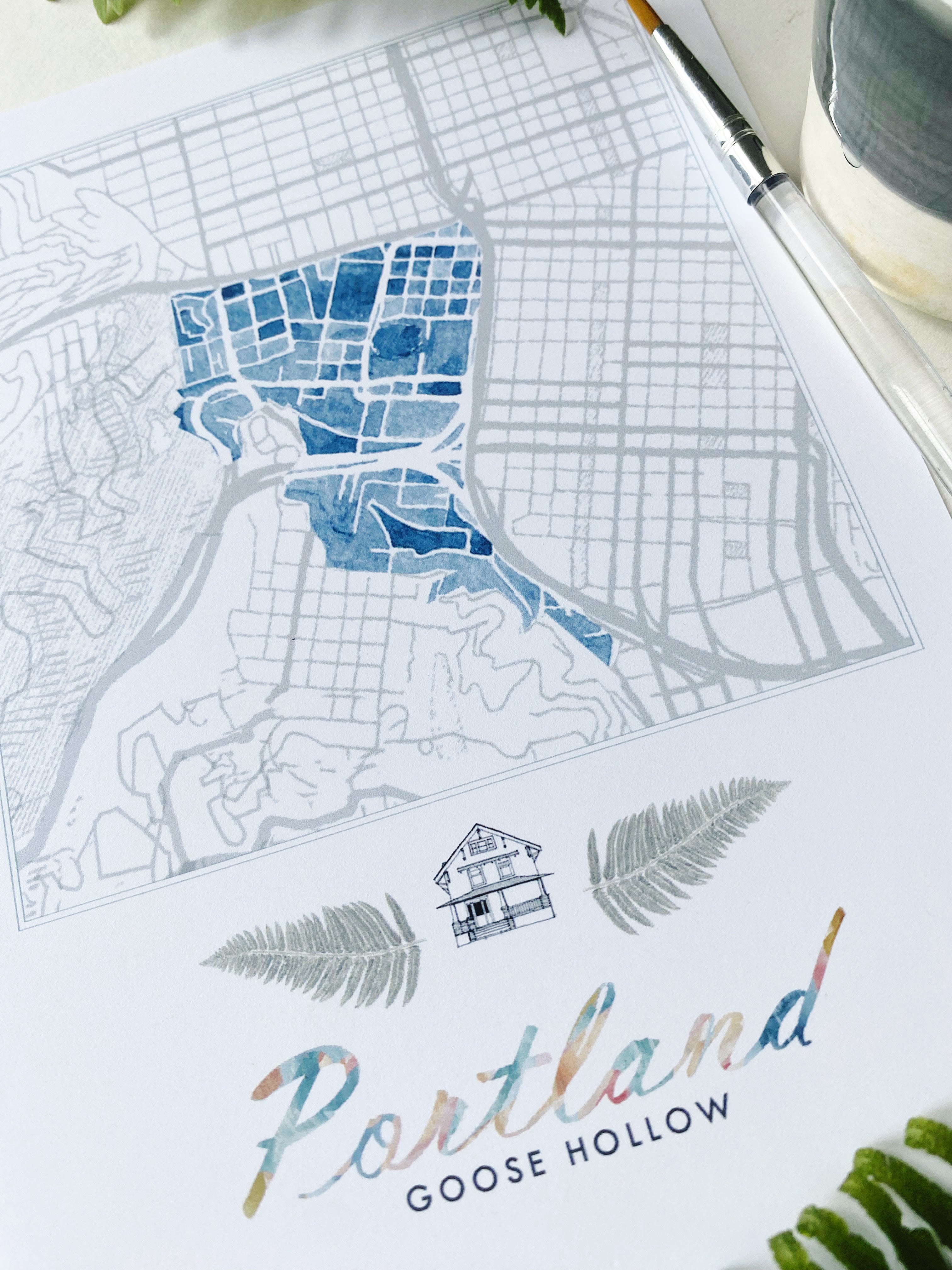 Goose Hollow PORTLAND Neighborhood Watercolor Map: PRINT
