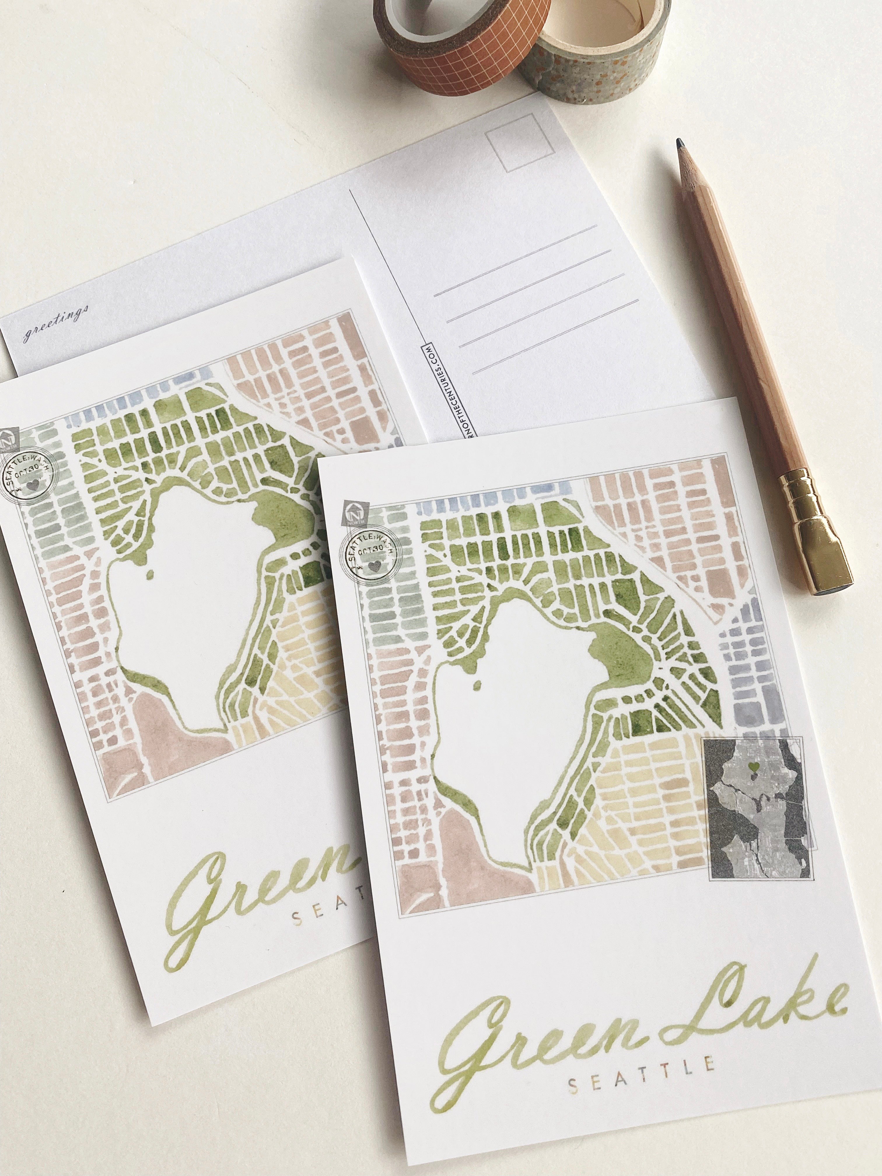 GREEN LAKE Seattle Neighborhood Map Postcard