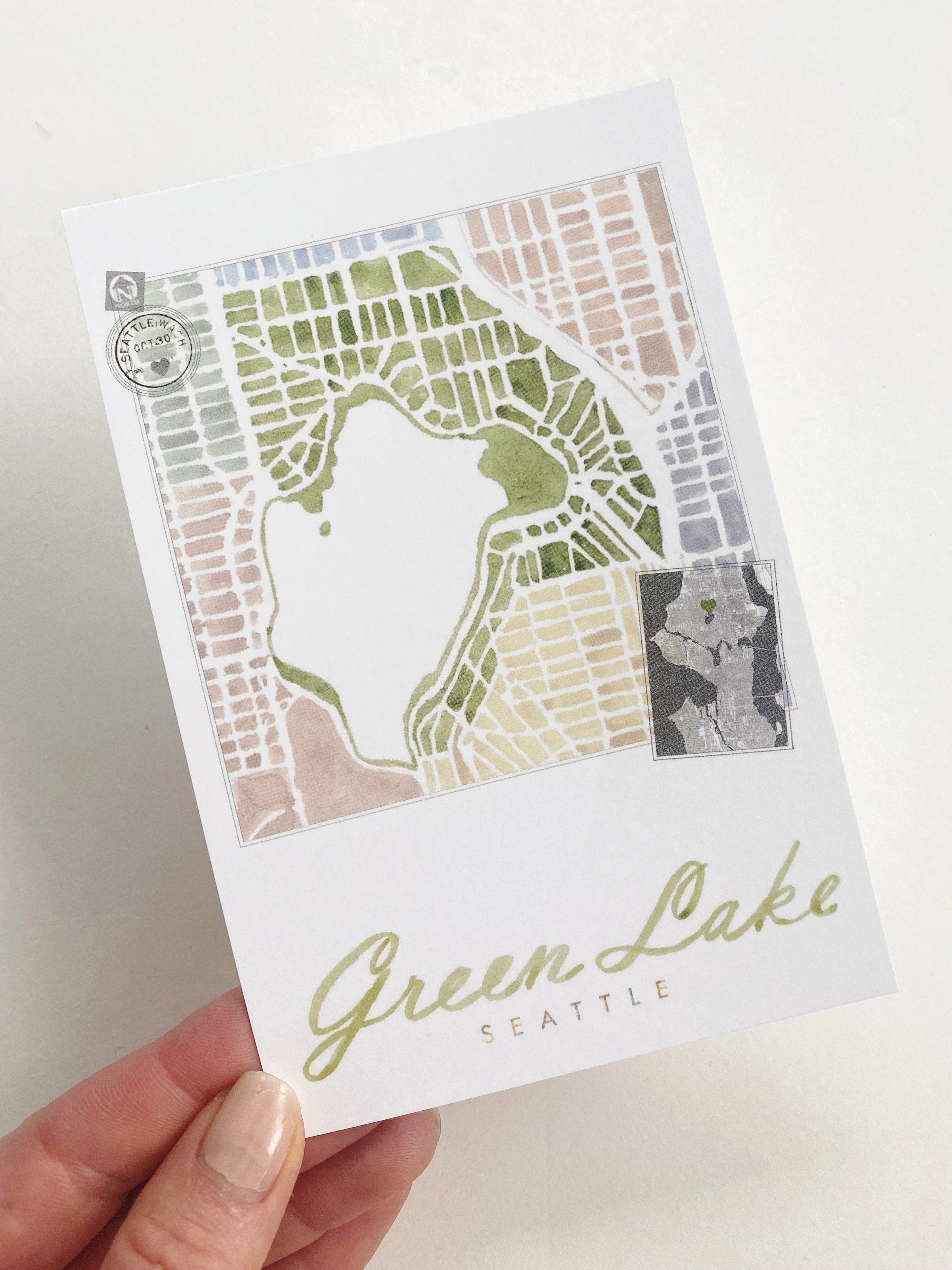 GREEN LAKE Seattle Neighborhood Map Postcard