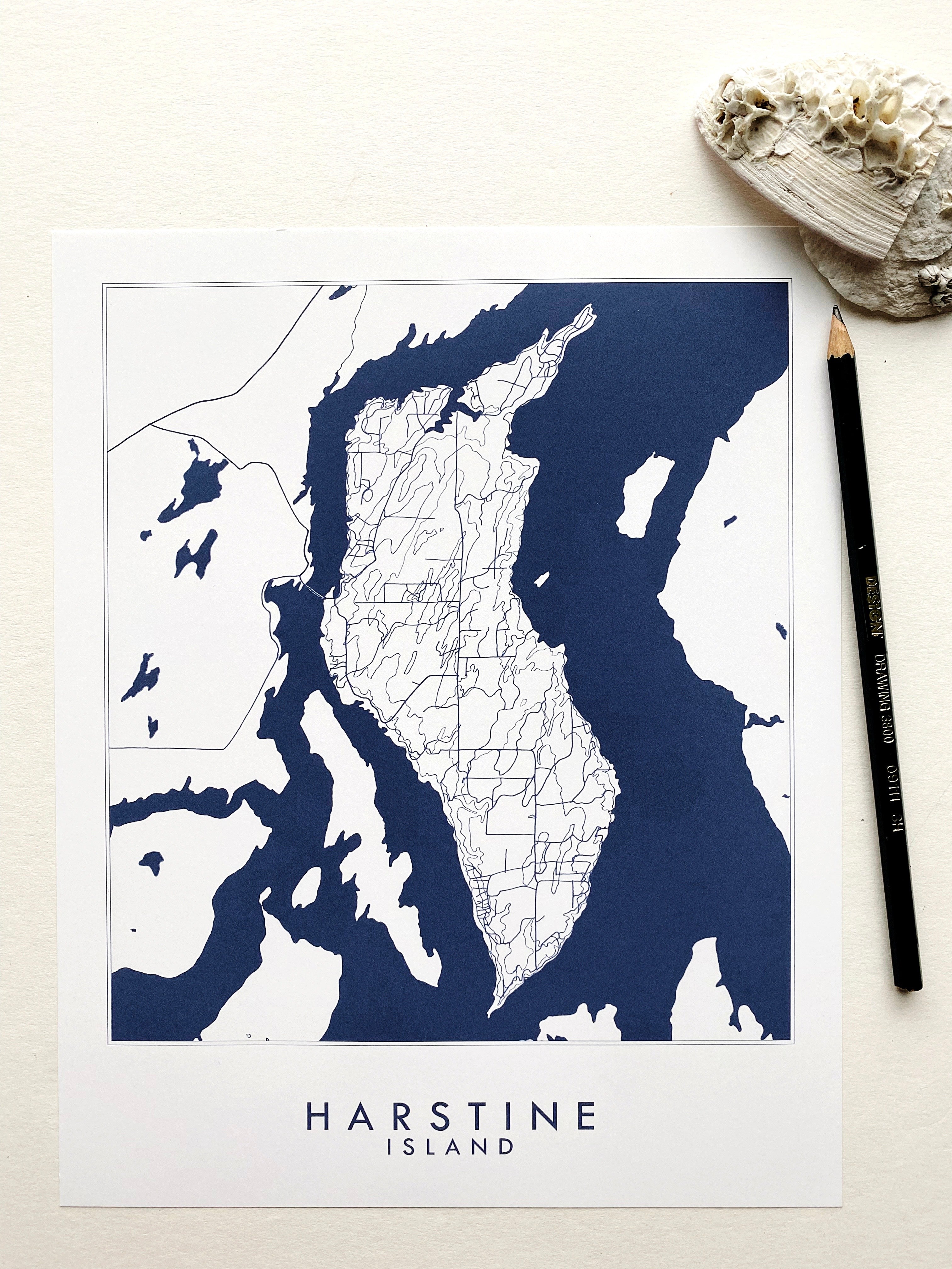 HARSTINE ISLAND Washington Hand Drawn "Blueprint" Map: PRINT