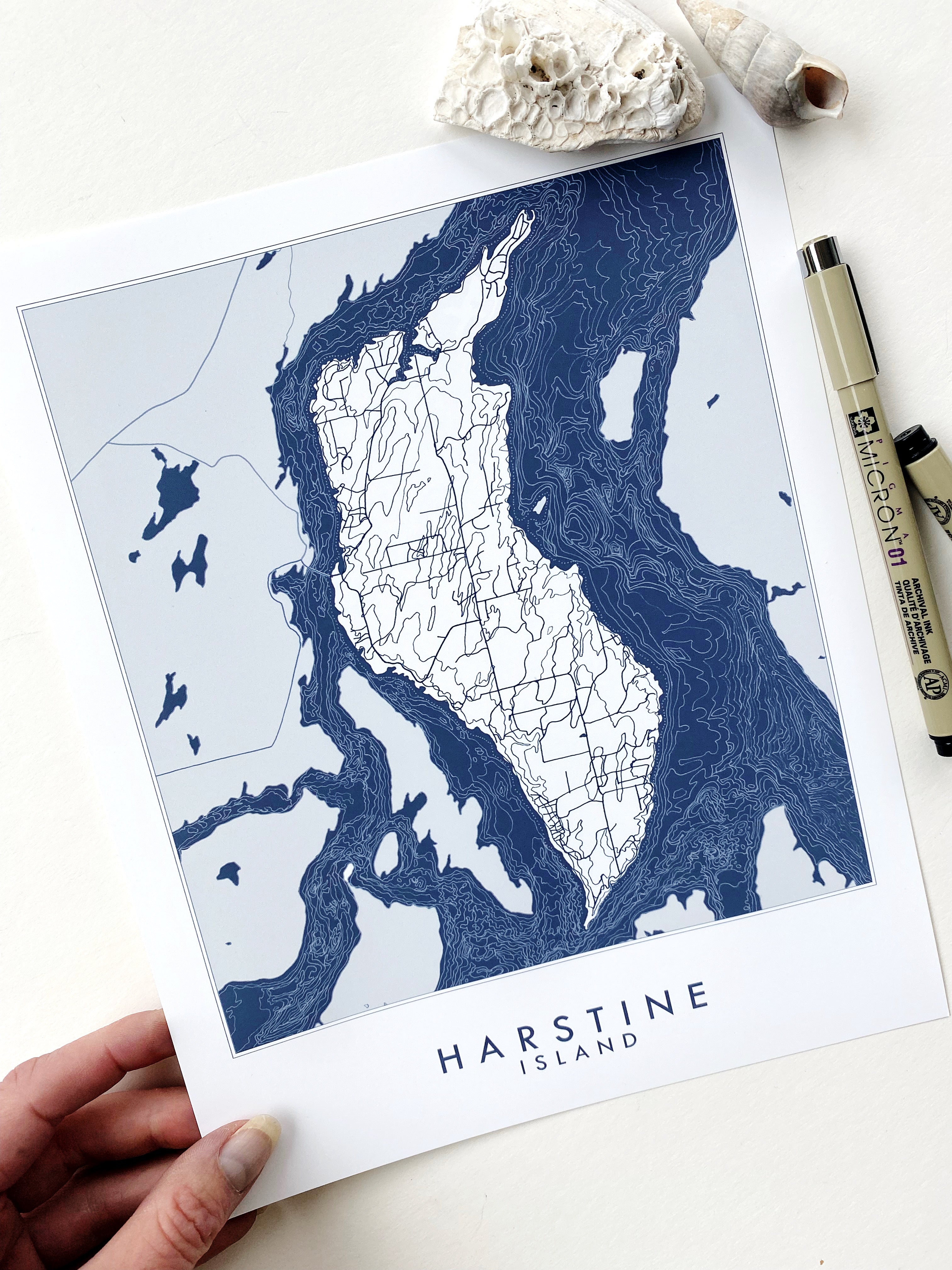 HARSTINE ISLAND Washington Hand Drawn "Blueprint" Map: PRINT