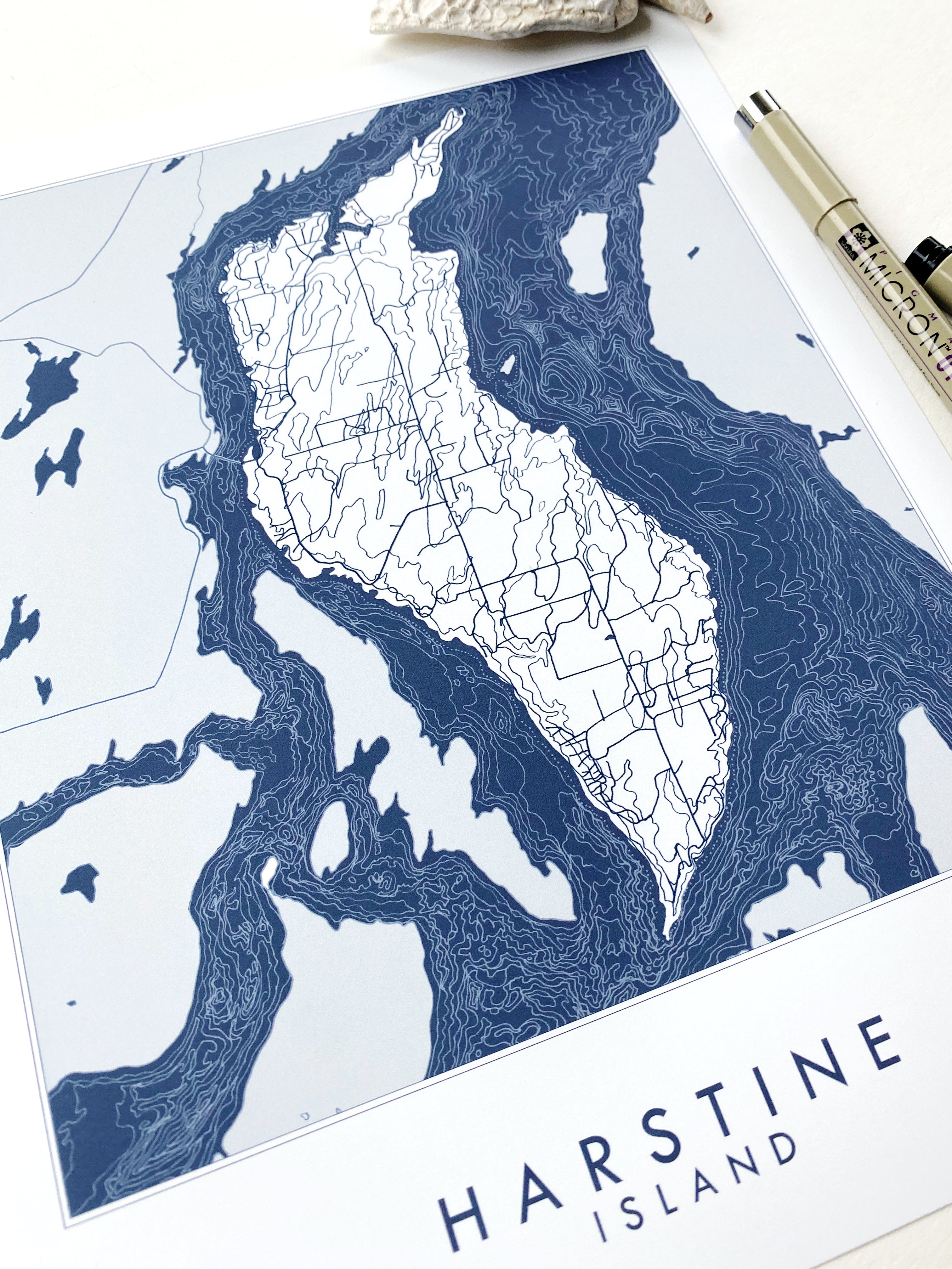 HARSTINE ISLAND Washington Hand Drawn "Blueprint" Map: PRINT