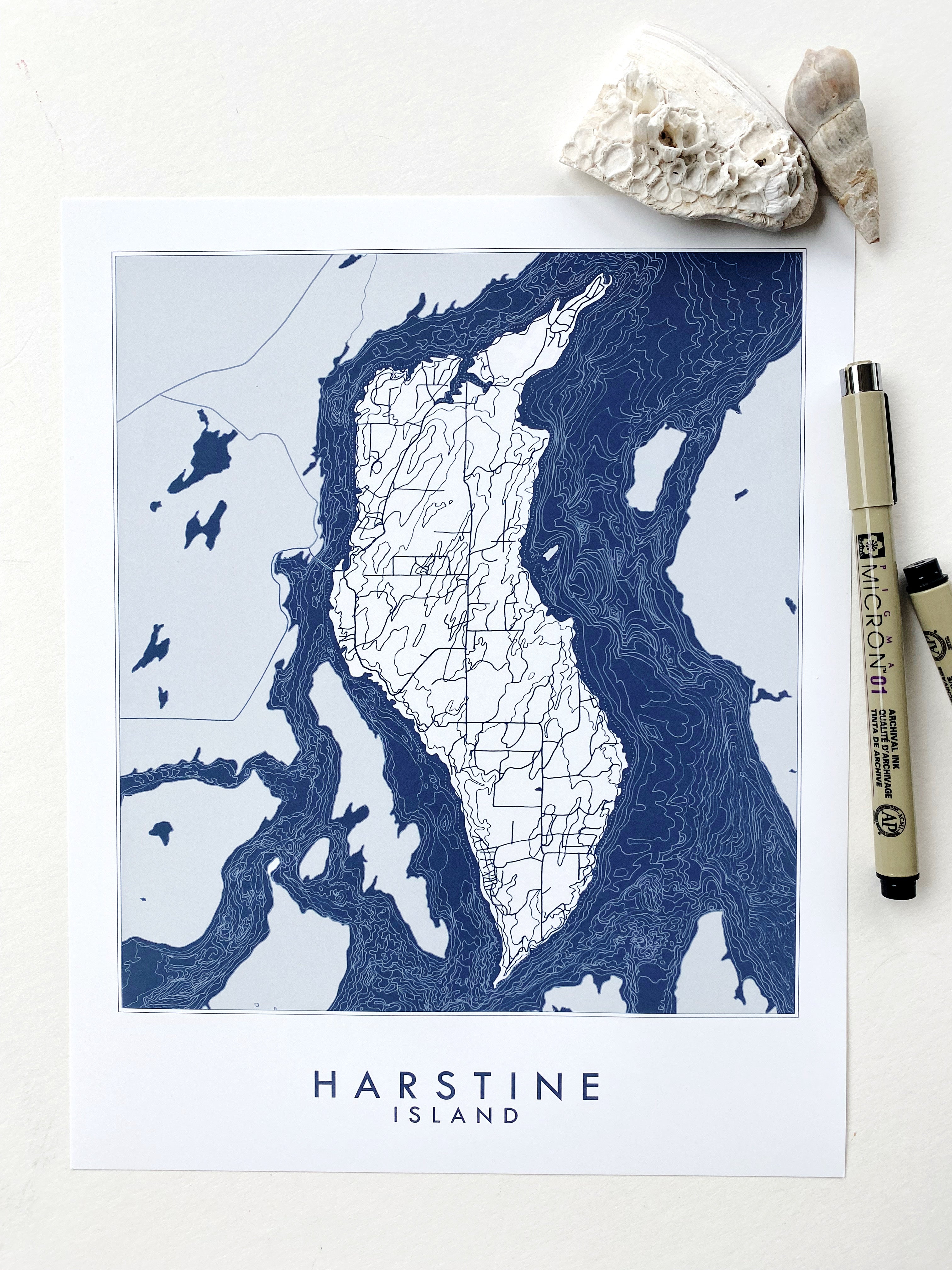 HARSTINE ISLAND Washington Hand Drawn "Blueprint" Map: PRINT