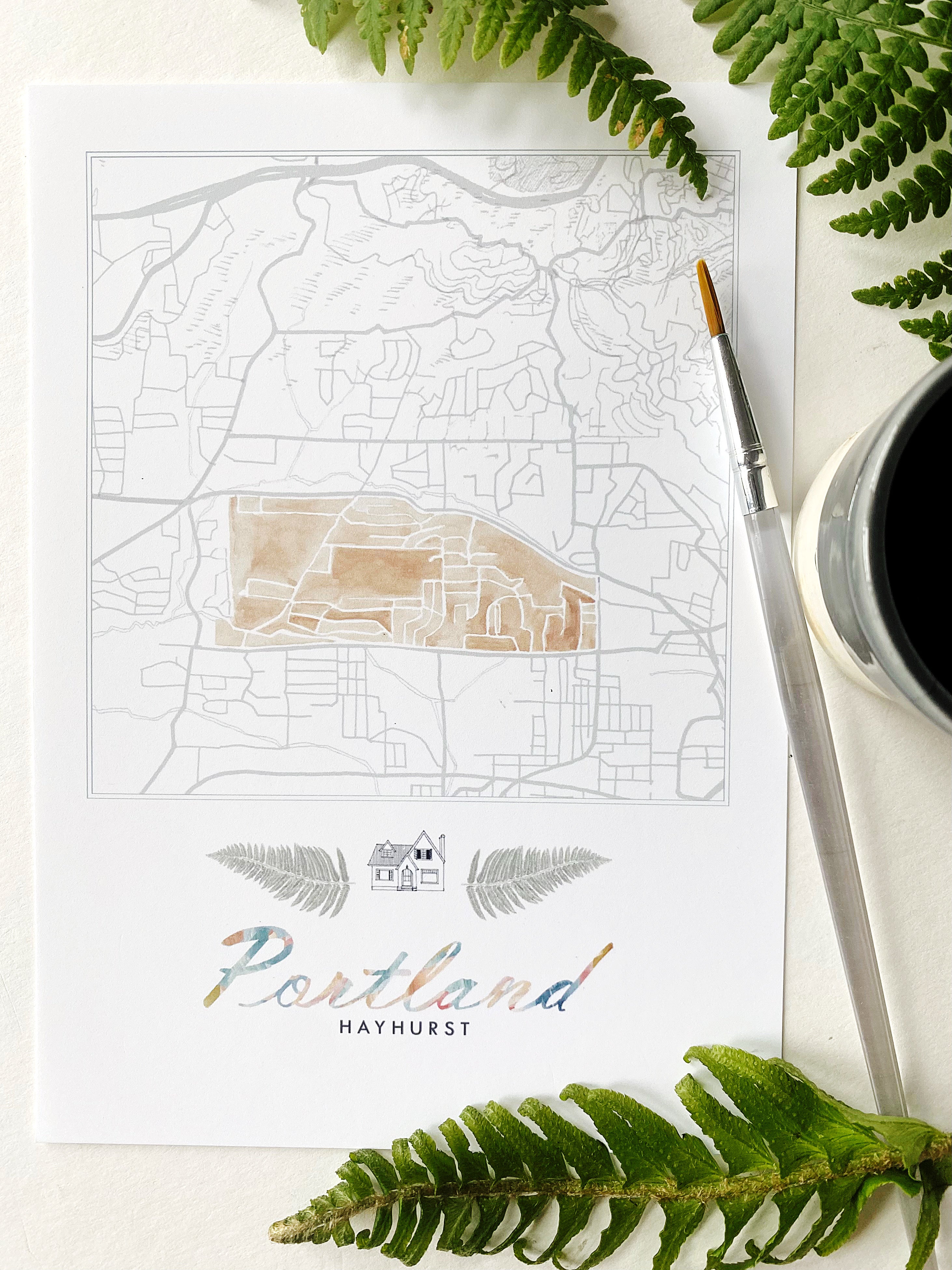 Hayhurst PORTLAND Neighborhood Watercolor Map: PRINT