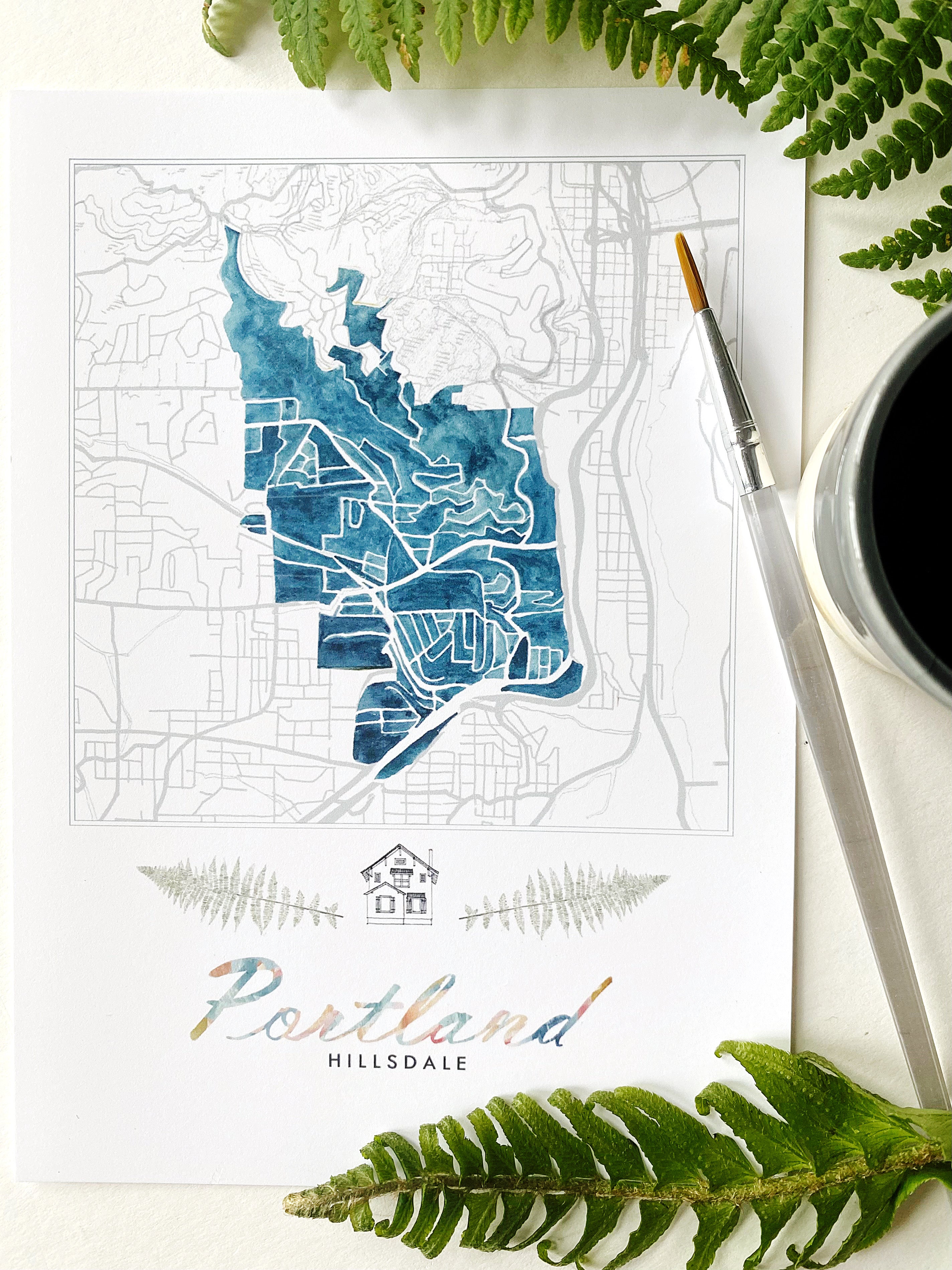 Hillsdale PORTLAND Neighborhood Watercolor Map: PRINT