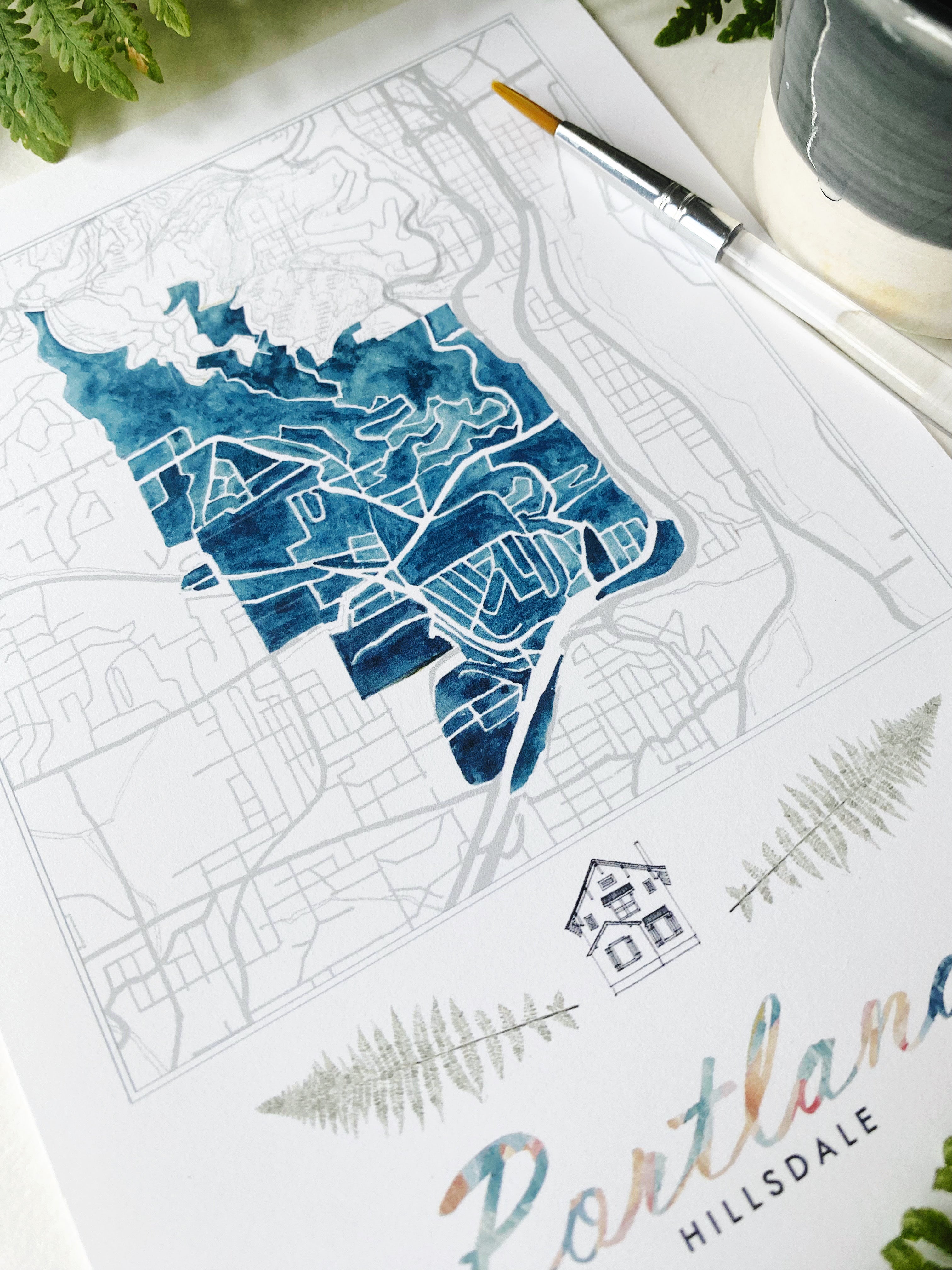 Hillsdale PORTLAND Neighborhood Watercolor Map: PRINT