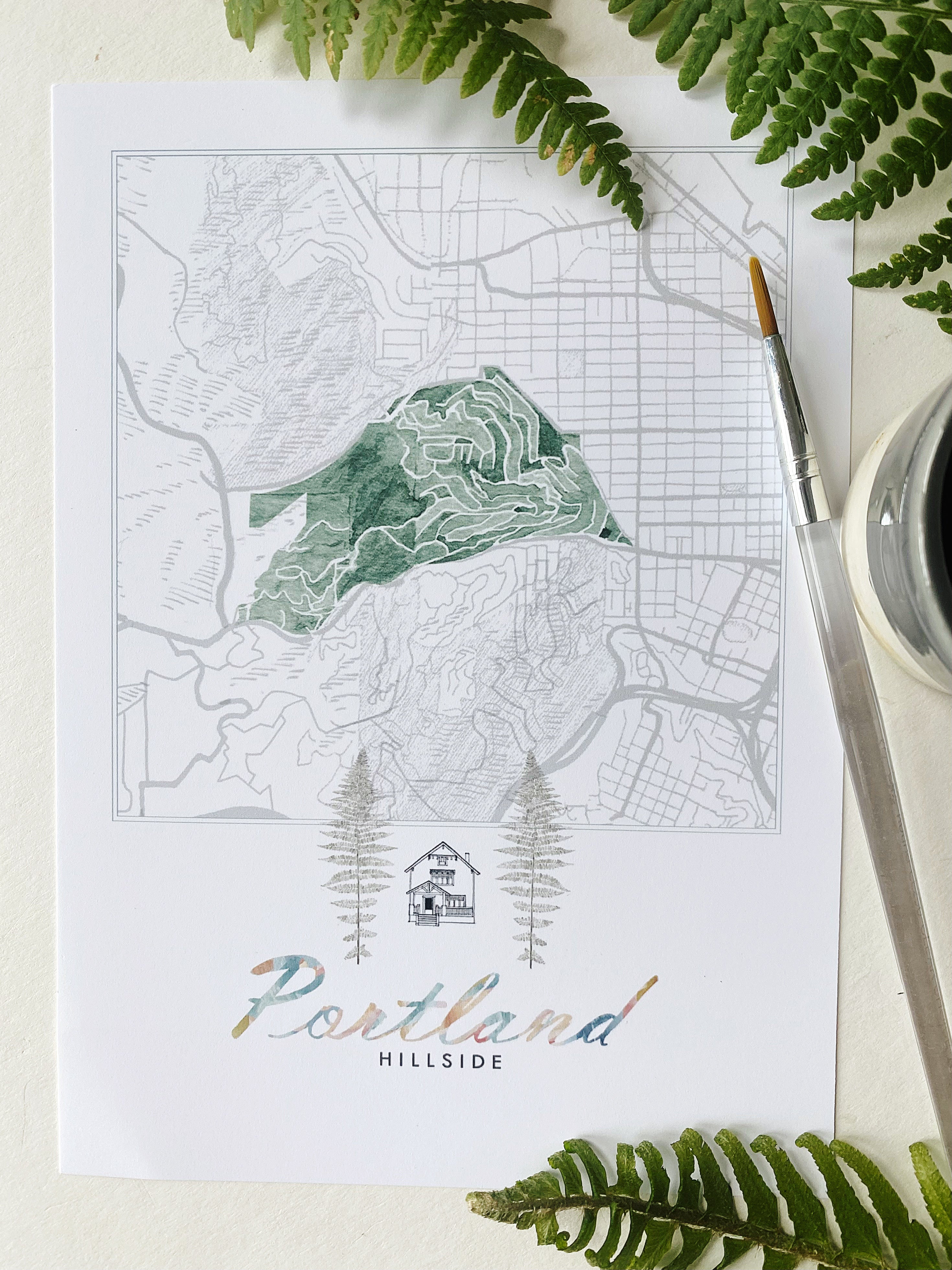 Hillside PORTLAND Neighborhood Watercolor Map: PRINT