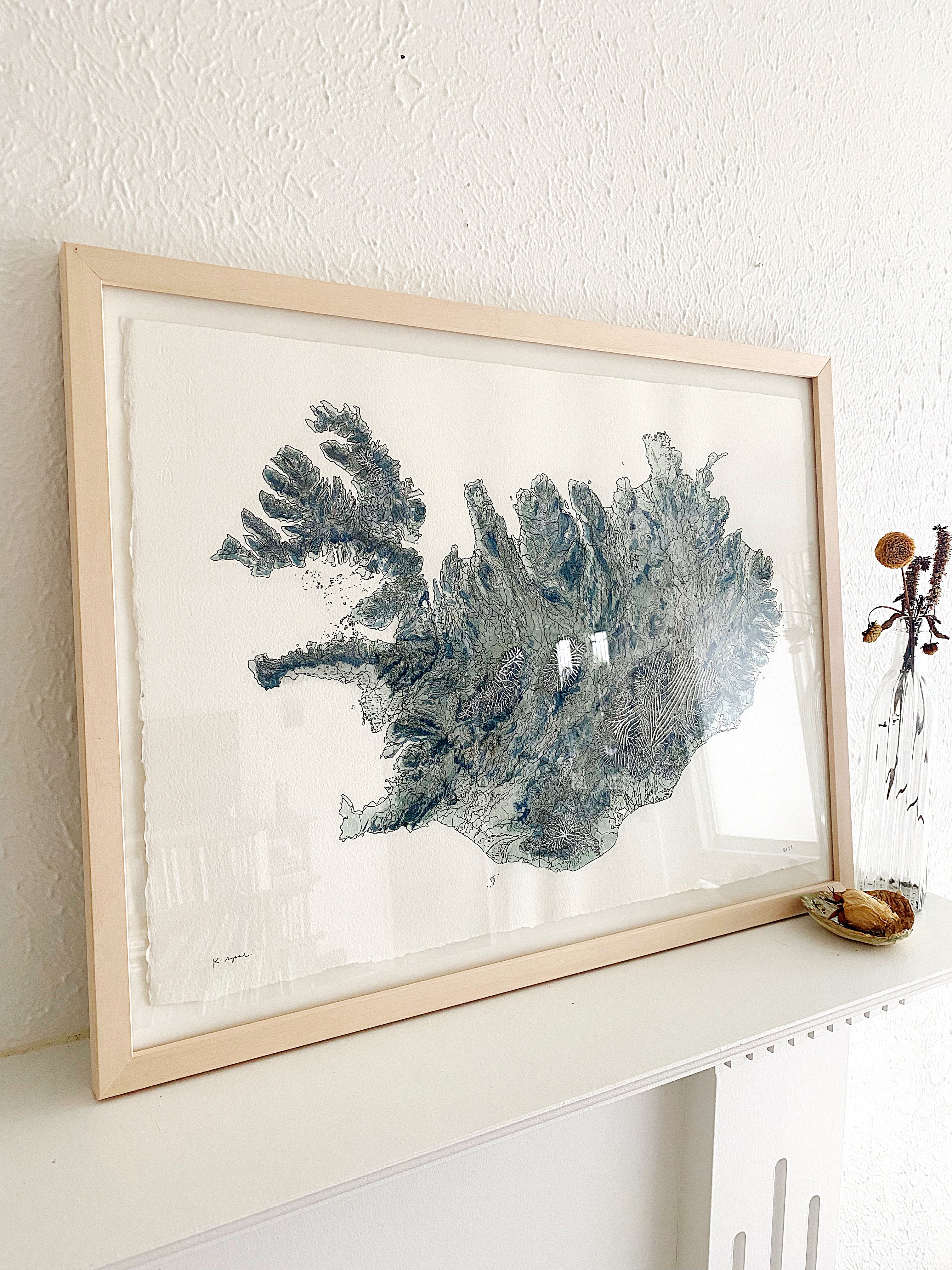 ICELAND Topo Watercolor Map: ORIGINAL PAINTING + Stitching
