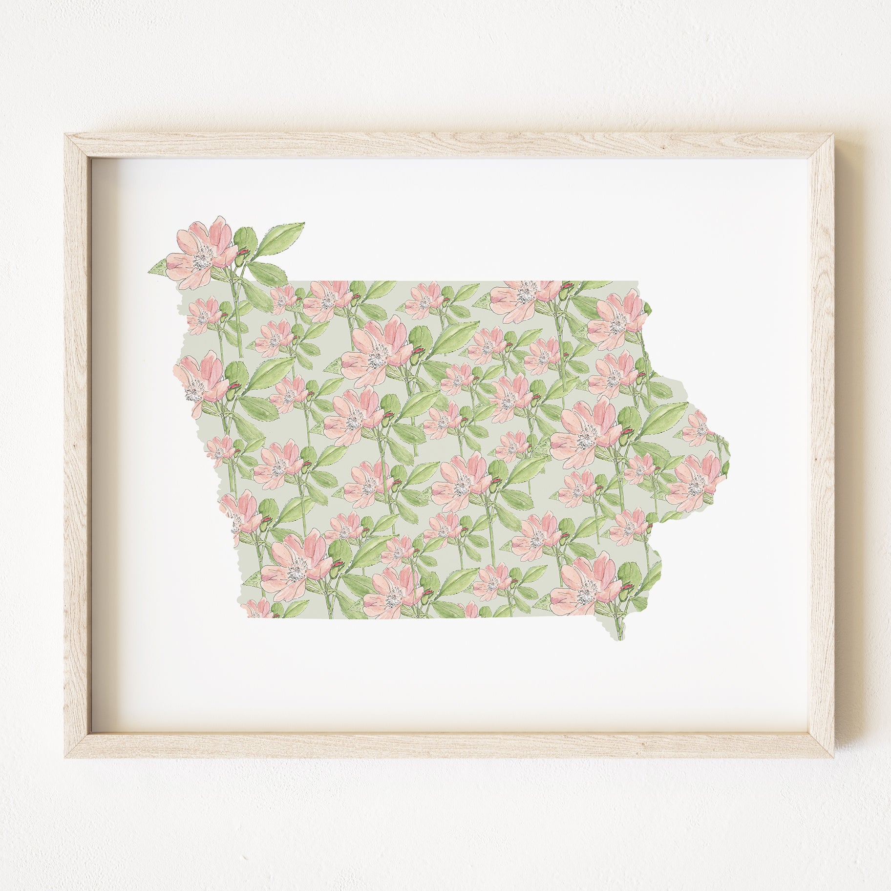 IOWA State Flower Map: Wild Prairie Rose: PRINT