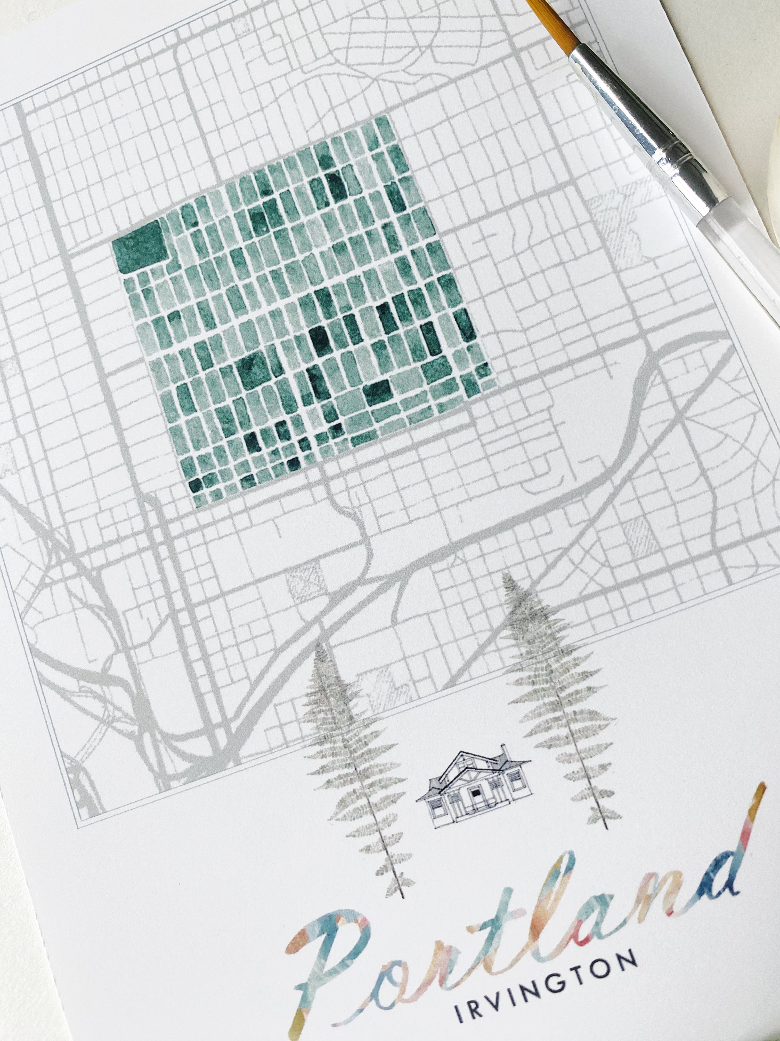 Irvington PORTLAND Neighborhood Watercolor Map: PRINT