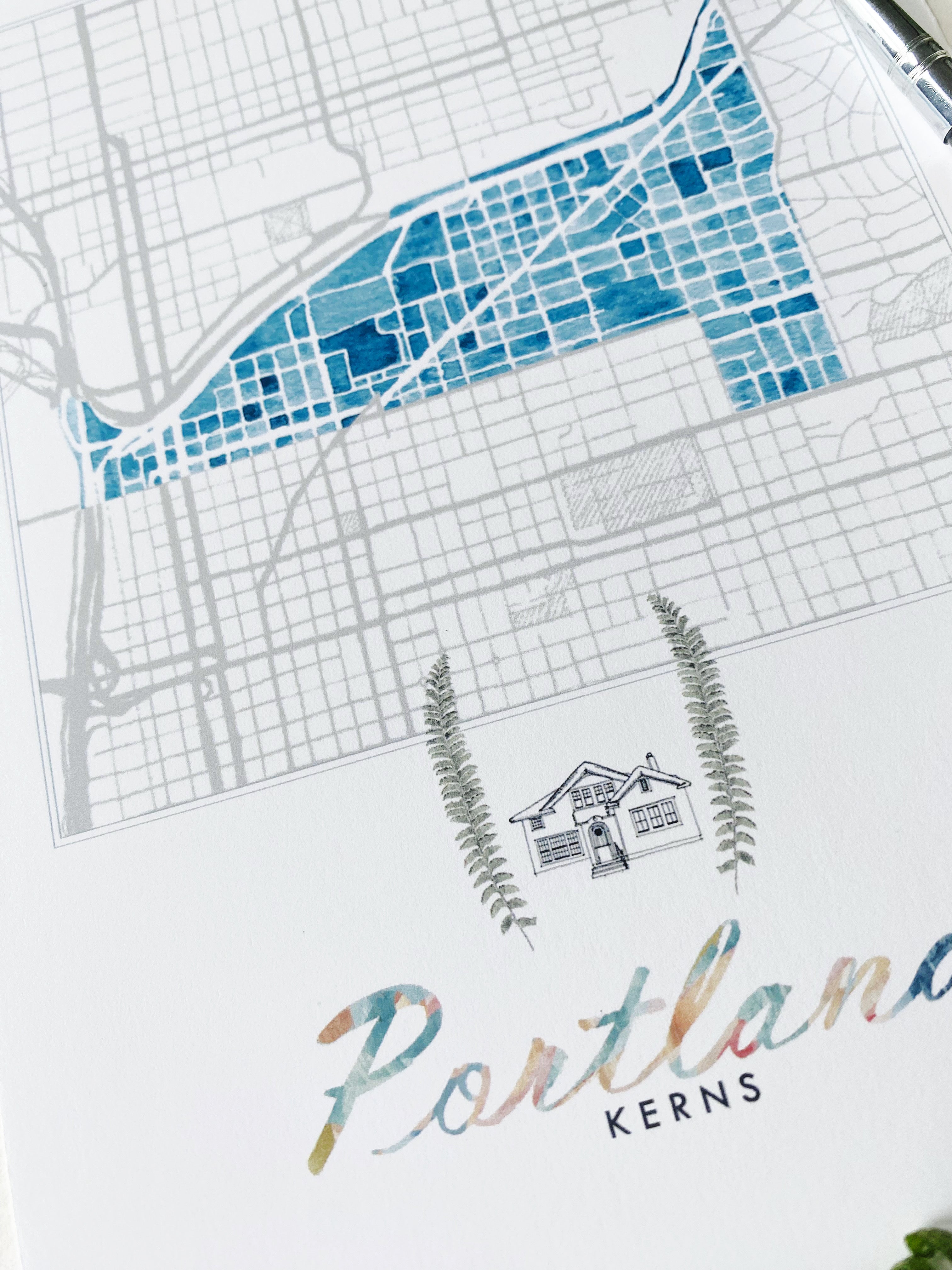 Kerns PORTLAND Neighborhood Watercolor Map: PRINT