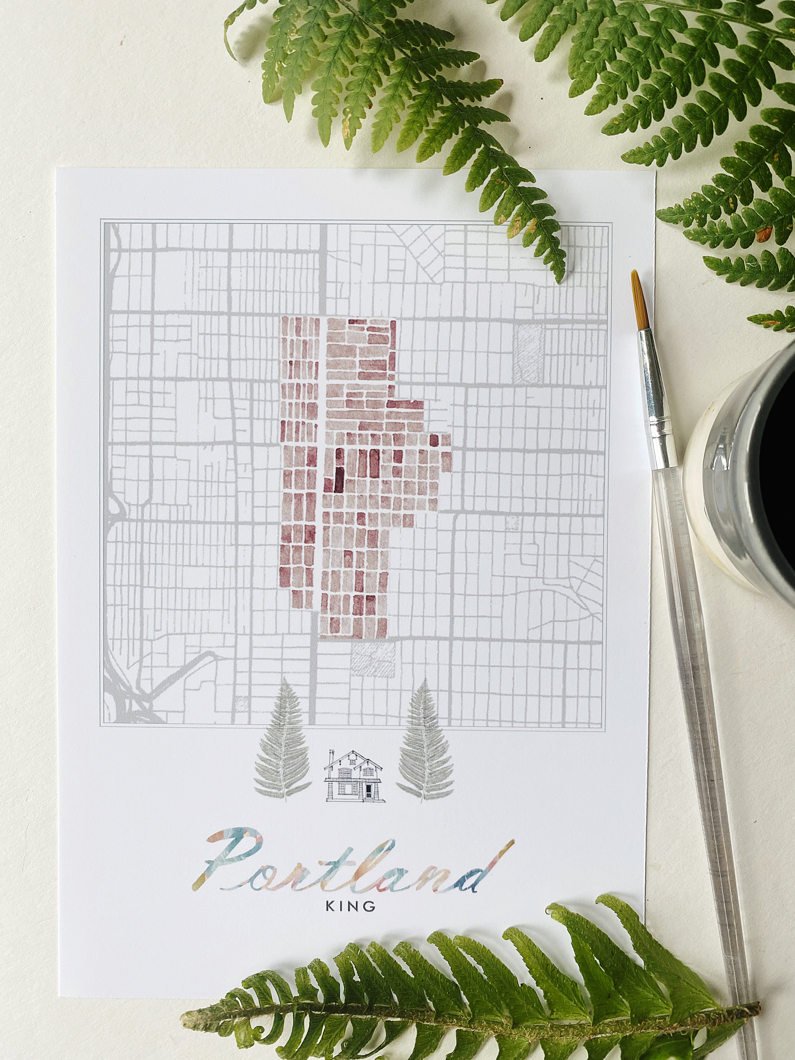 King PORTLAND Neighborhood Watercolor Map: PRINT