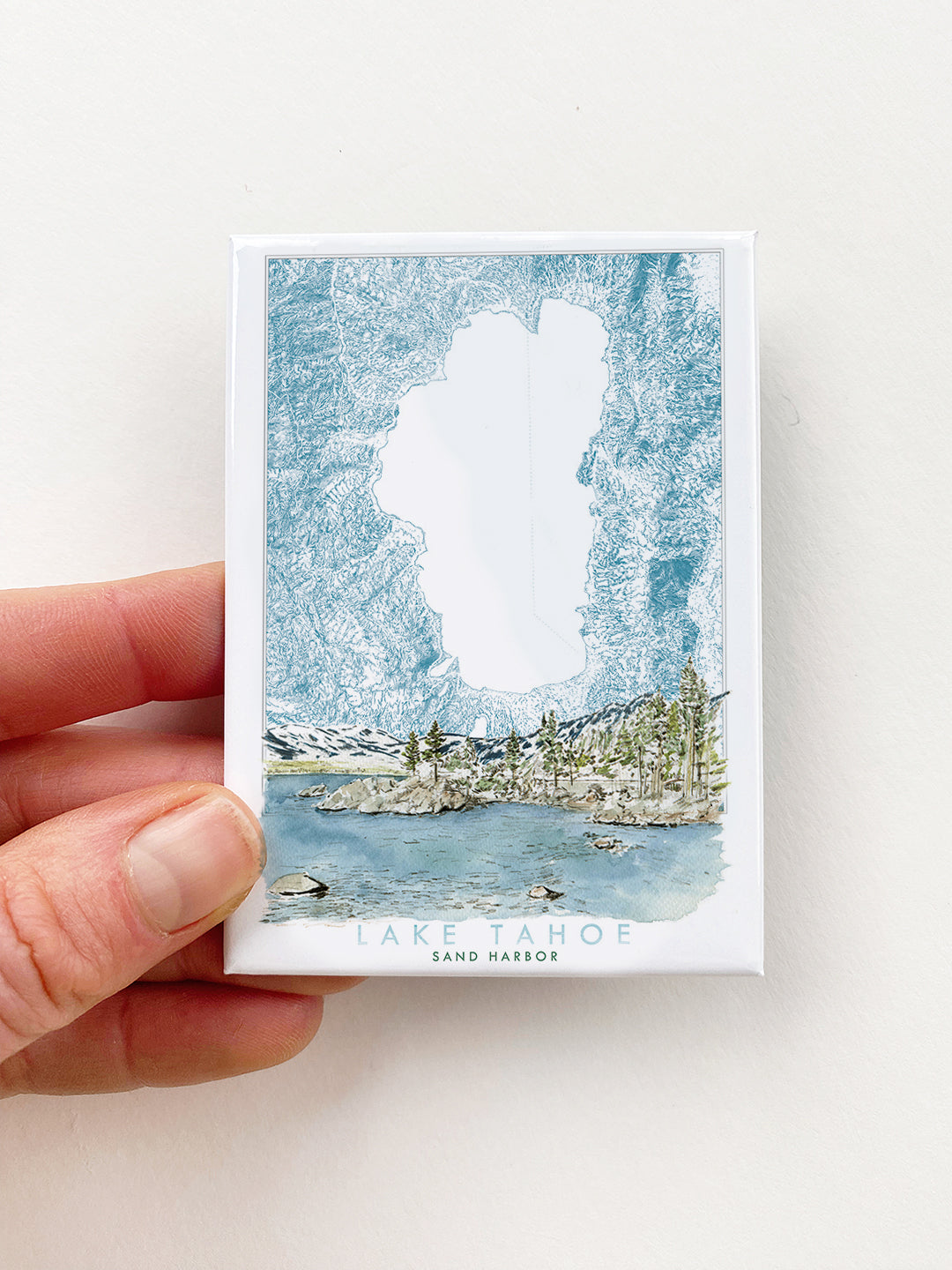 LAKE TAHOE - Sand Harbor Scene + Topographical Art Map: MAGNET