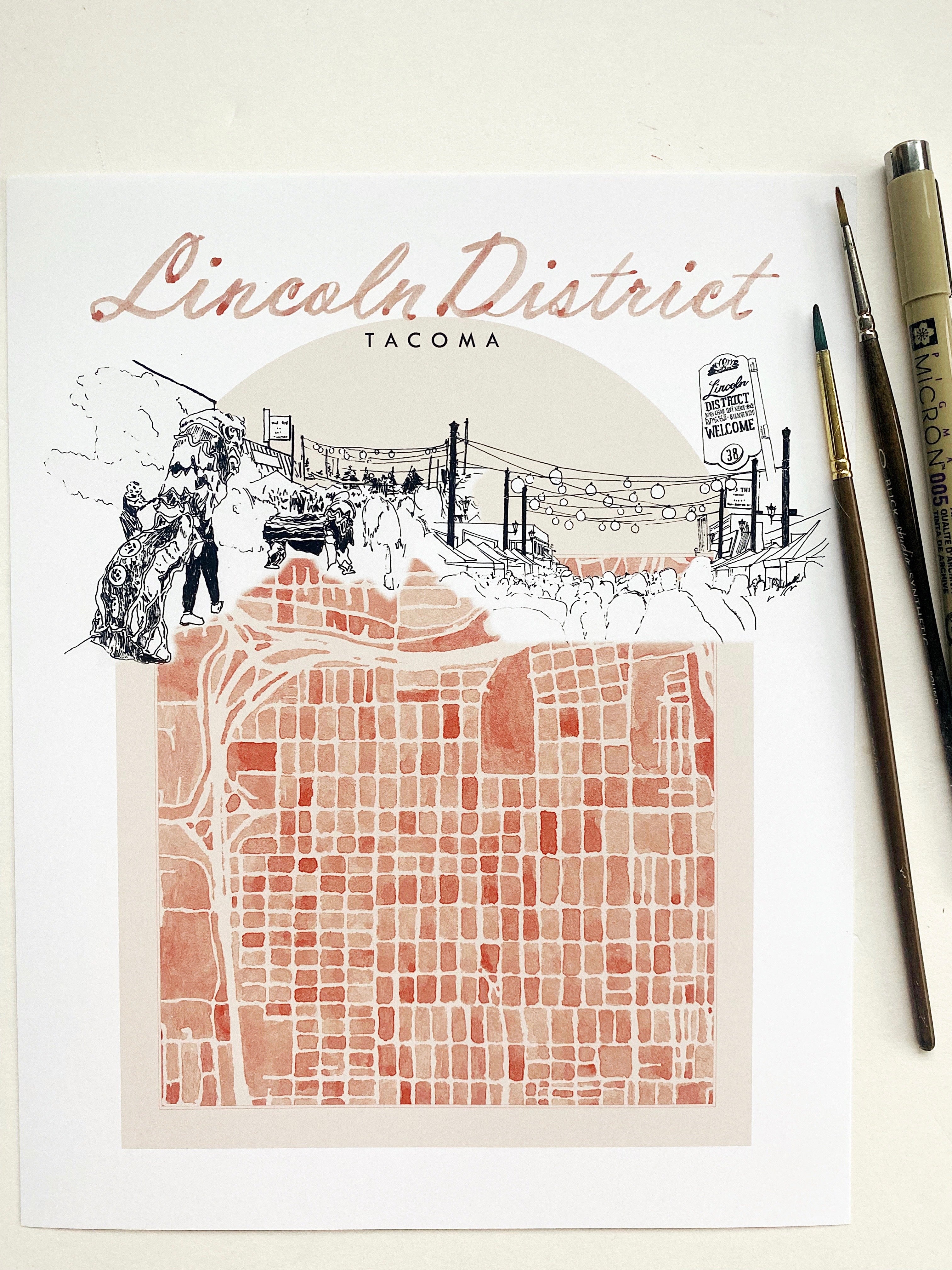 new LINCOLN DISTRICT TACOMA Neighborhood "Charms" Watercolor Map: PRINT