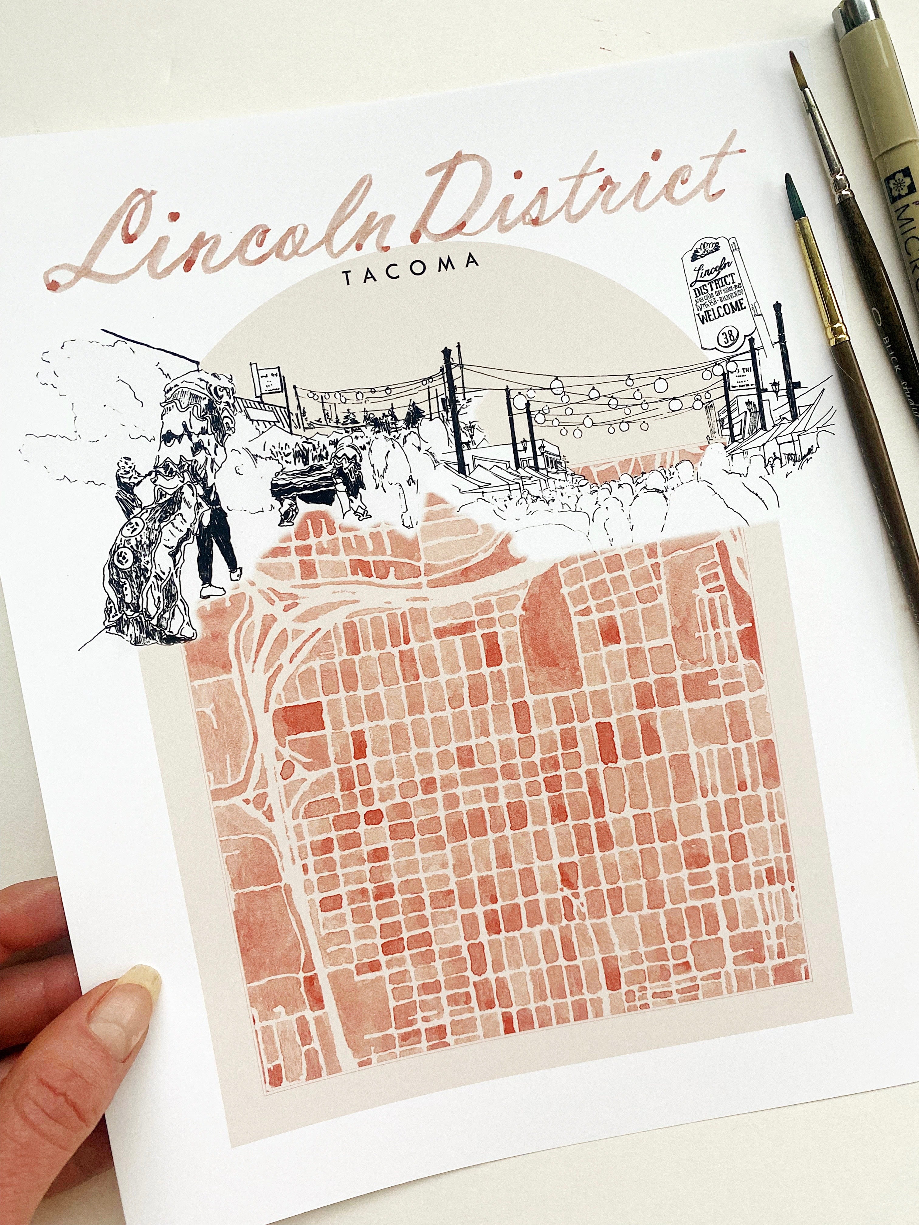 new LINCOLN DISTRICT TACOMA Neighborhood "Charms" Watercolor Map: PRINT
