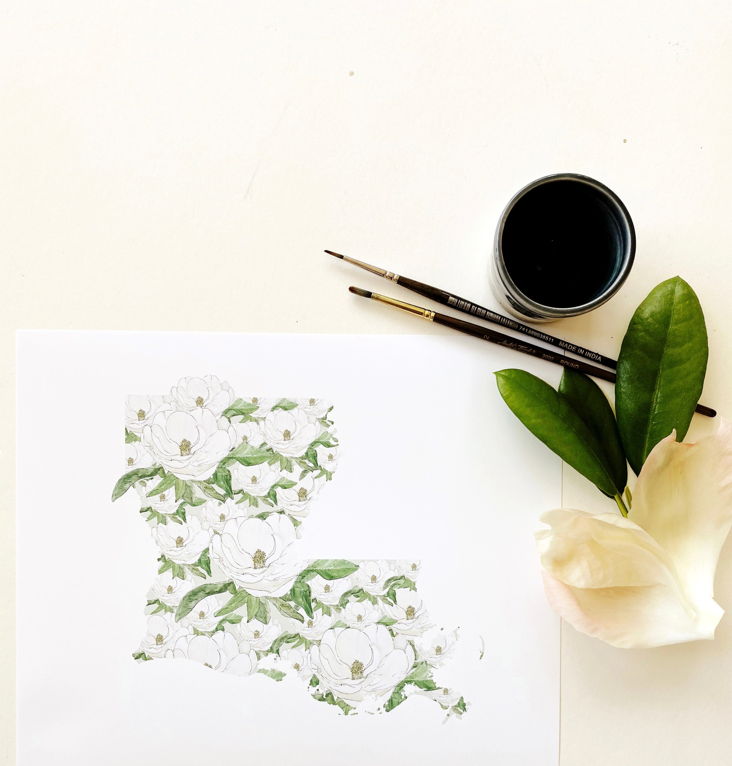 LOUISIANA State Flower Map: Magnolia: PRINT