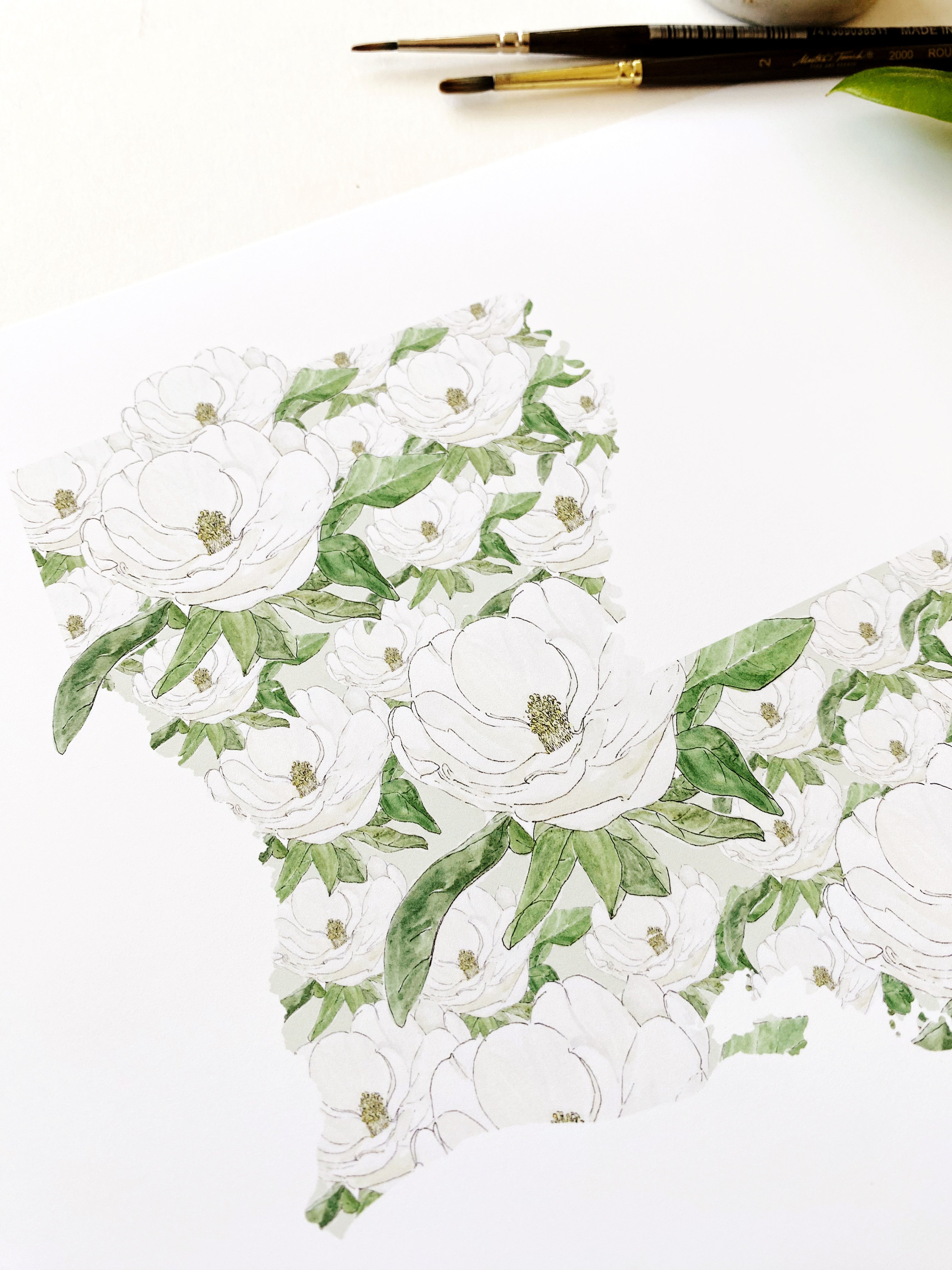 LOUISIANA State Flower Map: Magnolia: PRINT