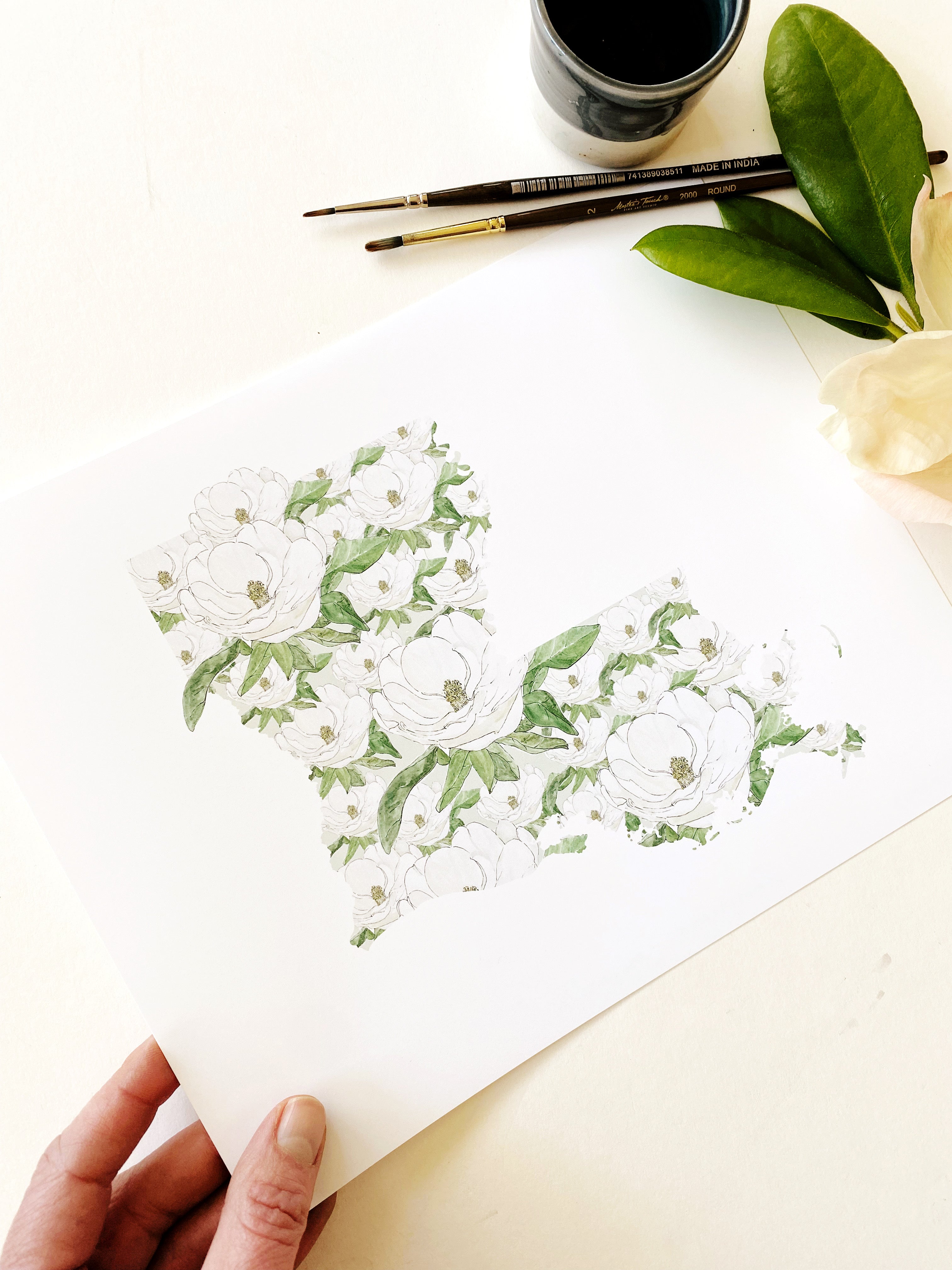 LOUISIANA State Flower Map: Magnolia: PRINT